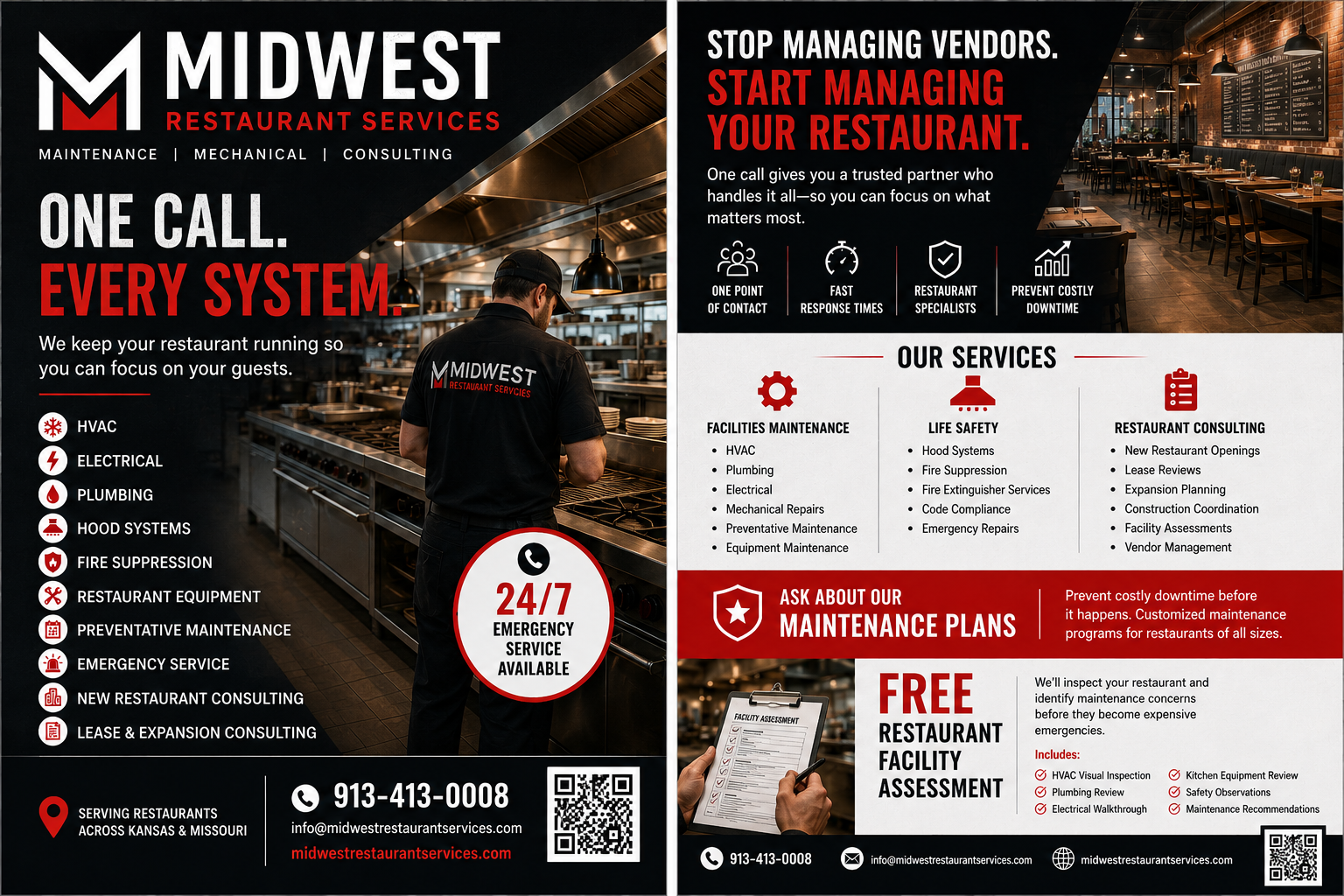 An advertisement for Midwest Restaurant Services featuring a chef in a kitchen and a dining area. The ad promotes restaurant maintenance, mechanical, electrical, and consulting services, highlighting 24/7 emergency service, and encourages managing restaurant systems to prevent costly downtime.