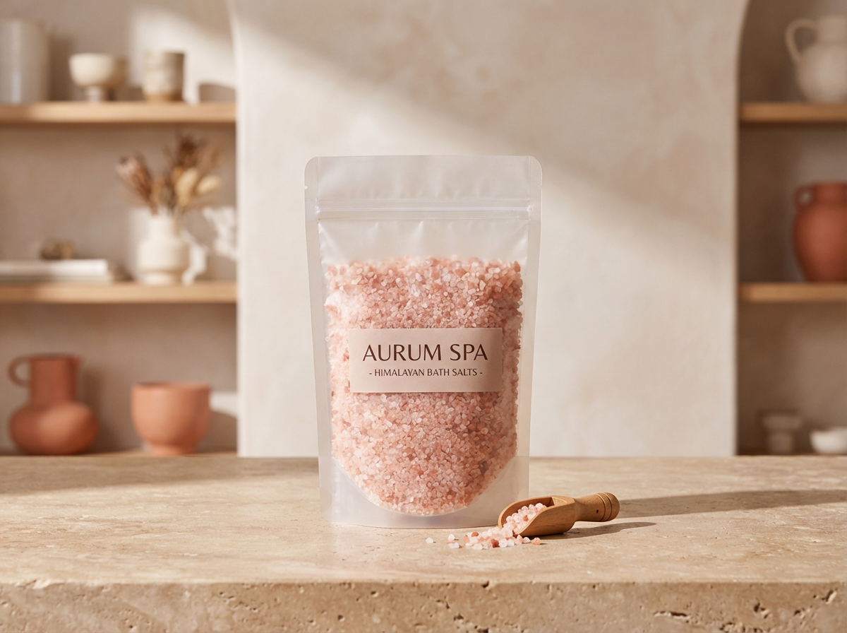 Pink Himalayan bath salts in a clear resealable bag labeled "Aurum Spa" on a wooden surface with a small scoop of salts resting beside it, in a room with shelves holding various pottery and decorative items.