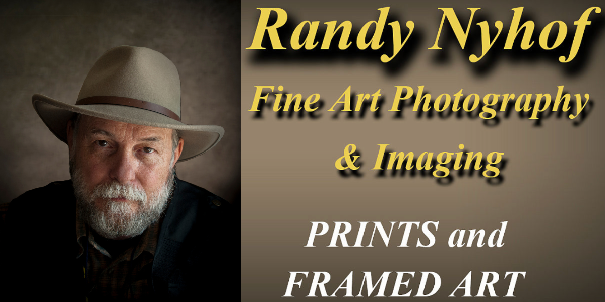 Advertisement for Randy Nyhof Fine Art Photography & Imaging, featuring a portrait of an older man with a beard wearing a beige fedora hat, with text about prints and framed art.