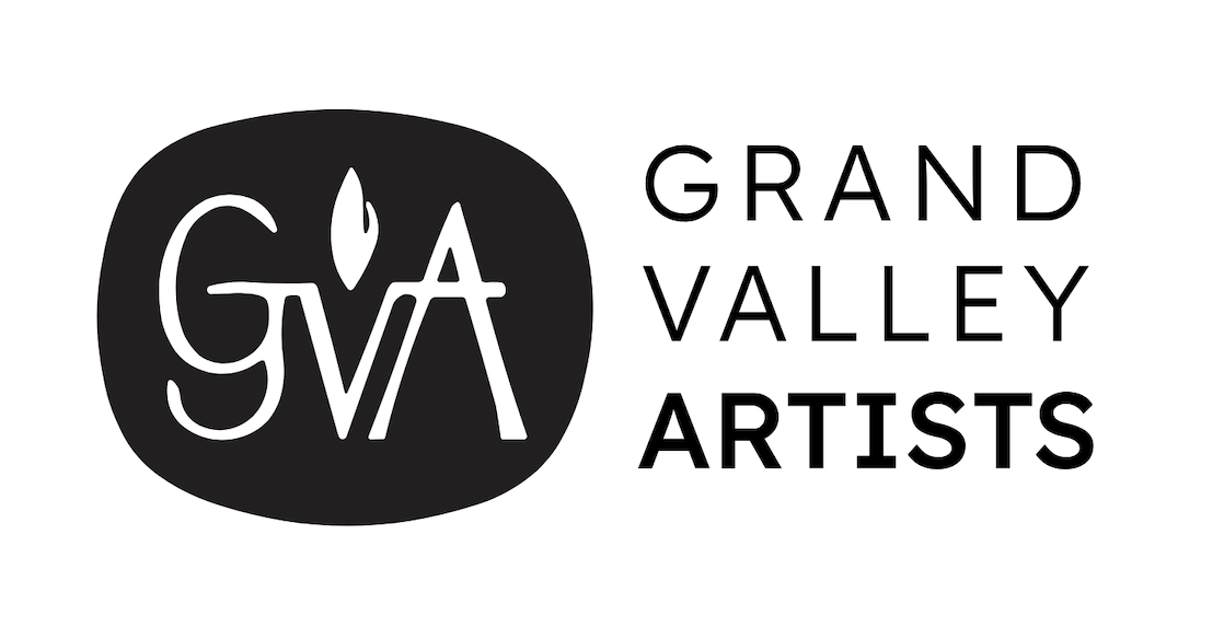 Logo for Grand Valley Artists featuring a black circle with white stylized initials GVA and a leaf design, alongside the text 'Grand Valley Artists' in black.