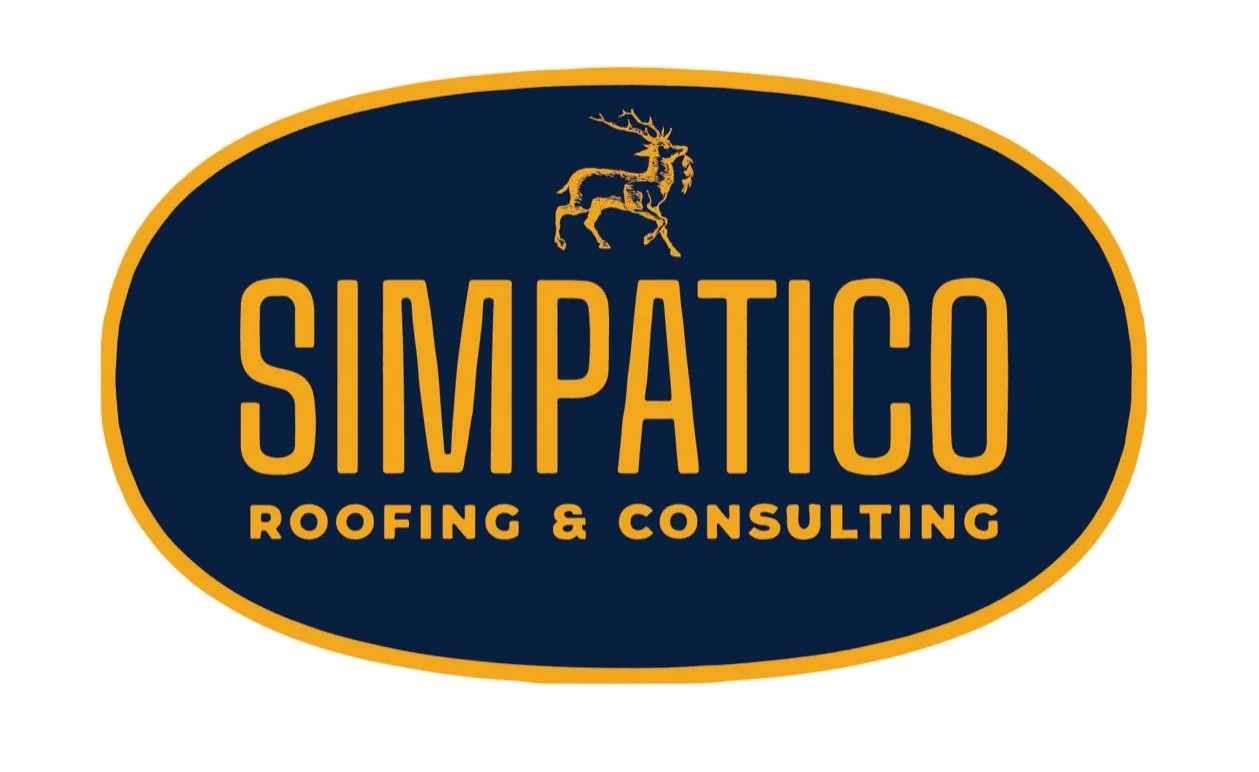 A logo for Simpatico Roofing & Consulting featuring a stylized deer or elk with large antlers, an oval design with a navy blue background and gold border, and gold text.