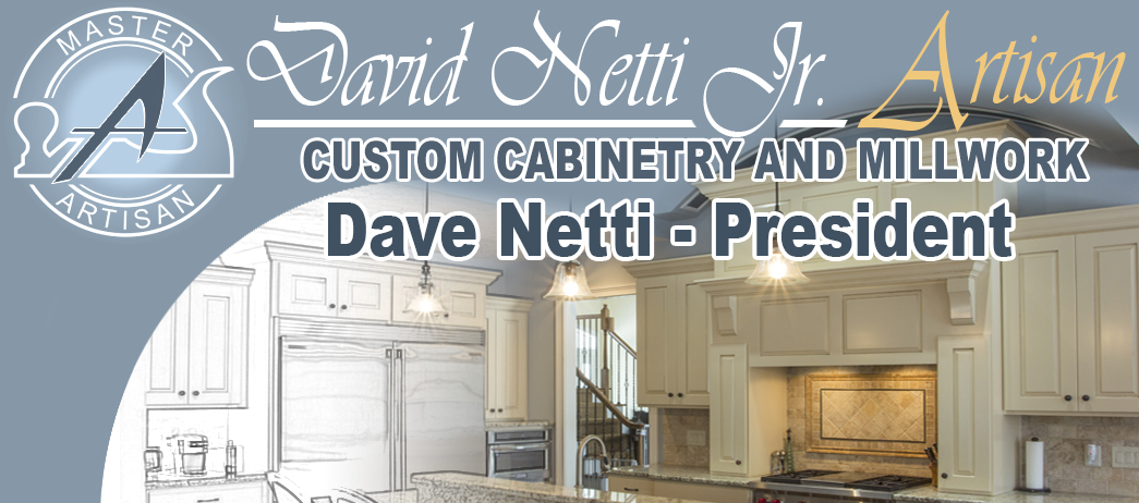 Business card or advertisement for David Netti Jr., a custom cabinetry and millwork artisan, featuring a logo with a compass and the text 'Master Artisan.'