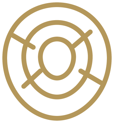 Gold decorative emblem with concentric circles and geometric lines.