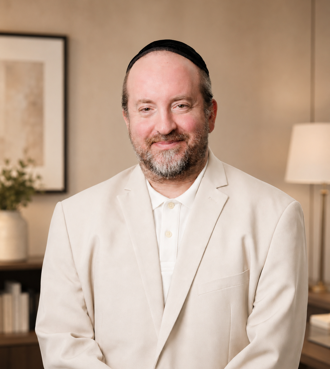 A middle-aged man with a beard and wearing a kippah, dressed in a white suit and smiling in a softly lit room with framed artwork and a lamp in the background.