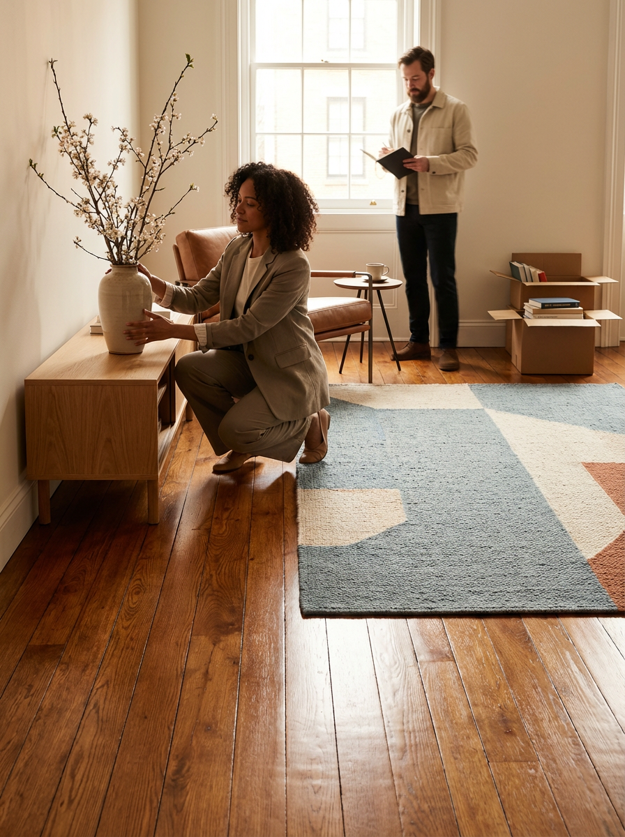 A woman adjusting a large vase with blooming branches on a wooden side table in a well-lit room, with a man standing in the background reading a book and a box of books on the floor.