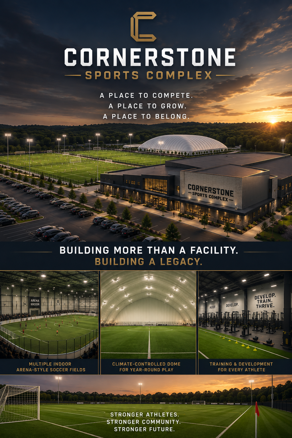 A large sports complex with multiple soccer fields, indoor turf fields, and training facilities, illuminated at dusk with a parking lot in the foreground.