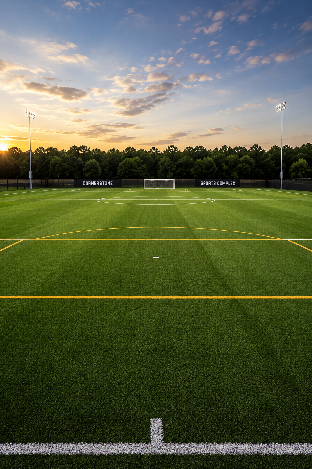 An empty soccer field at sunset with a goal in the background and two tall floodlights on either side.
