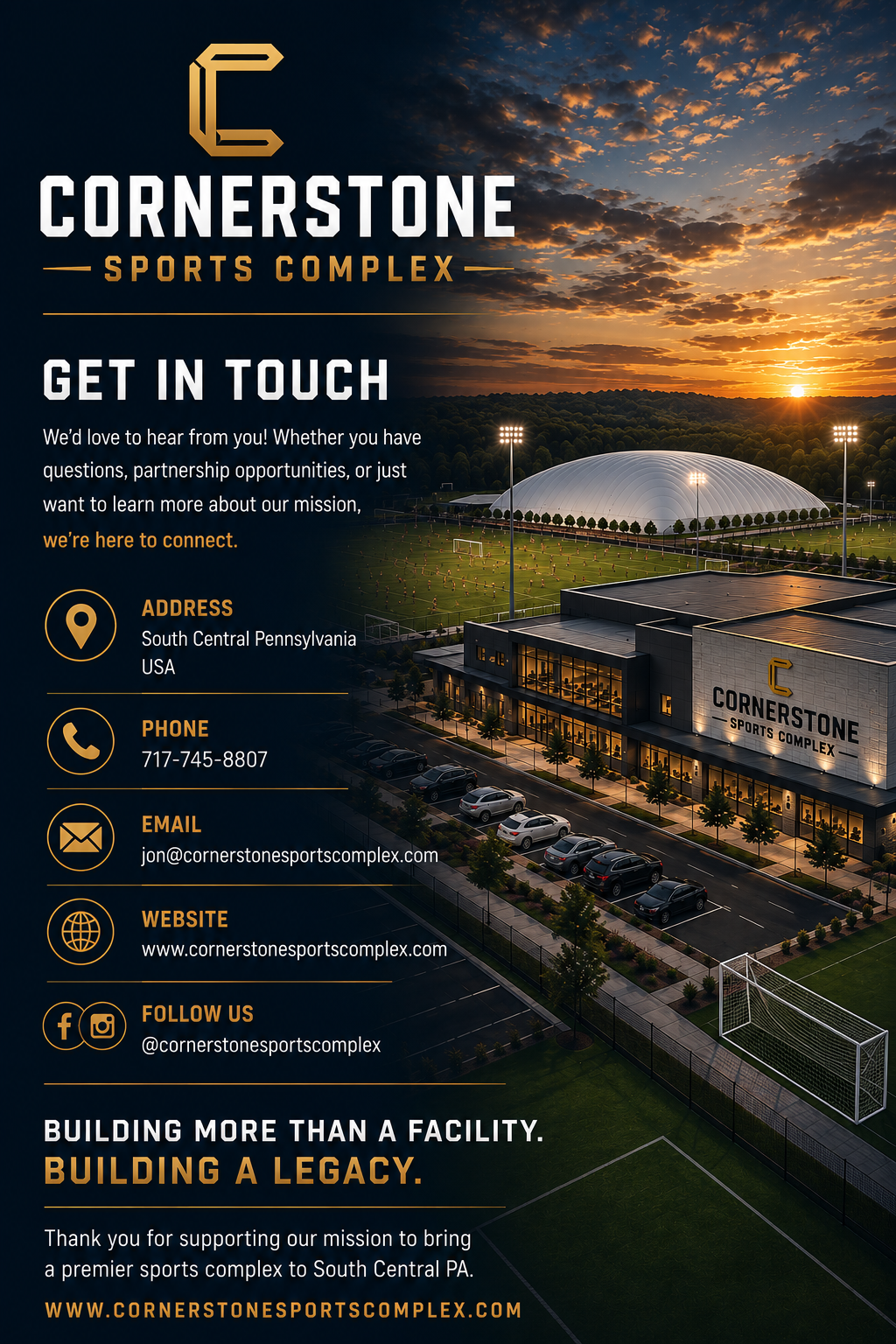 An informational flyer for Cornerstone Sports Complex showing a sunset over a sports field and the complex building. The flyer includes contact information, address in South Central Pennsylvania, USA, and social media icons.