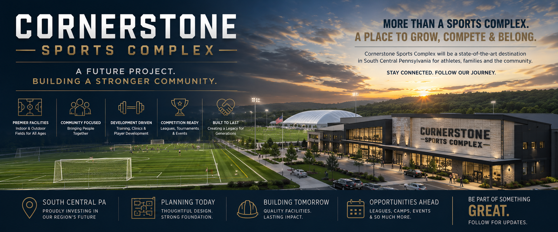 A promotional rendering of Cornerstone Sports Complex, showing a modern sports facility with a large indoor arena, outdoor fields, parking lot, and a clubhouse at sunset.