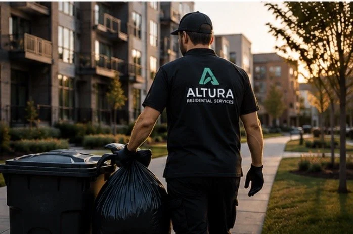 A man in a black Altura Residential Services uniform pushes a trash can and carries a black trash bag along a residential sidewalk at sunset.