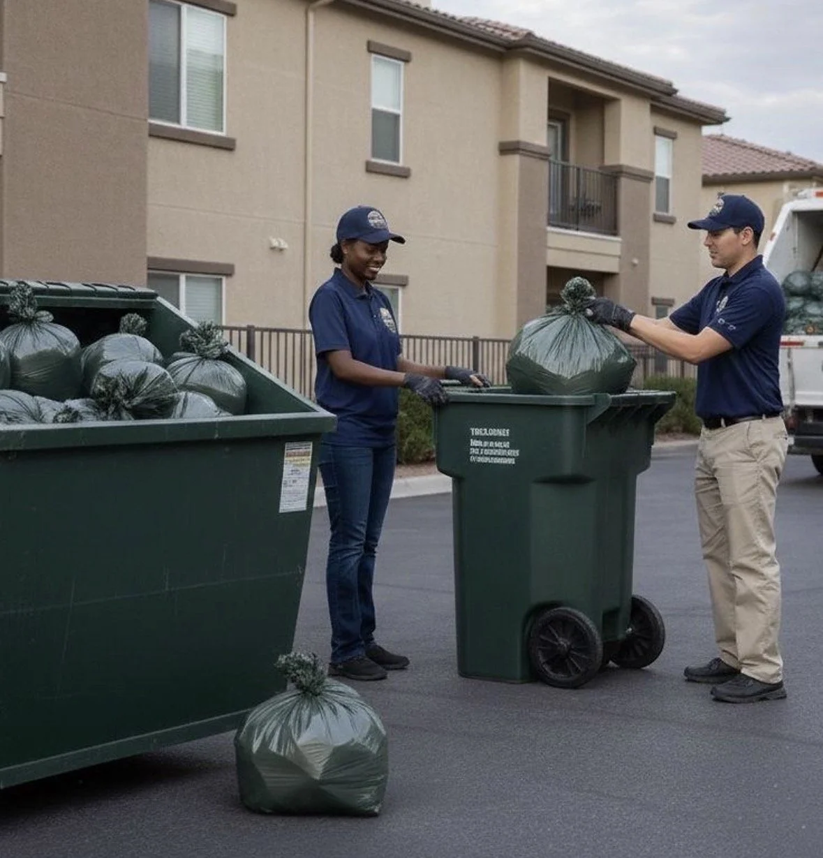 Two sanitation workers, a woman and a man, are collecting garbage bags near apartment buildings. The woman is placing a bag into a green trash bin, while the man is handing her a garbage bag. Both are wearing navy blue uniforms and black gloves.