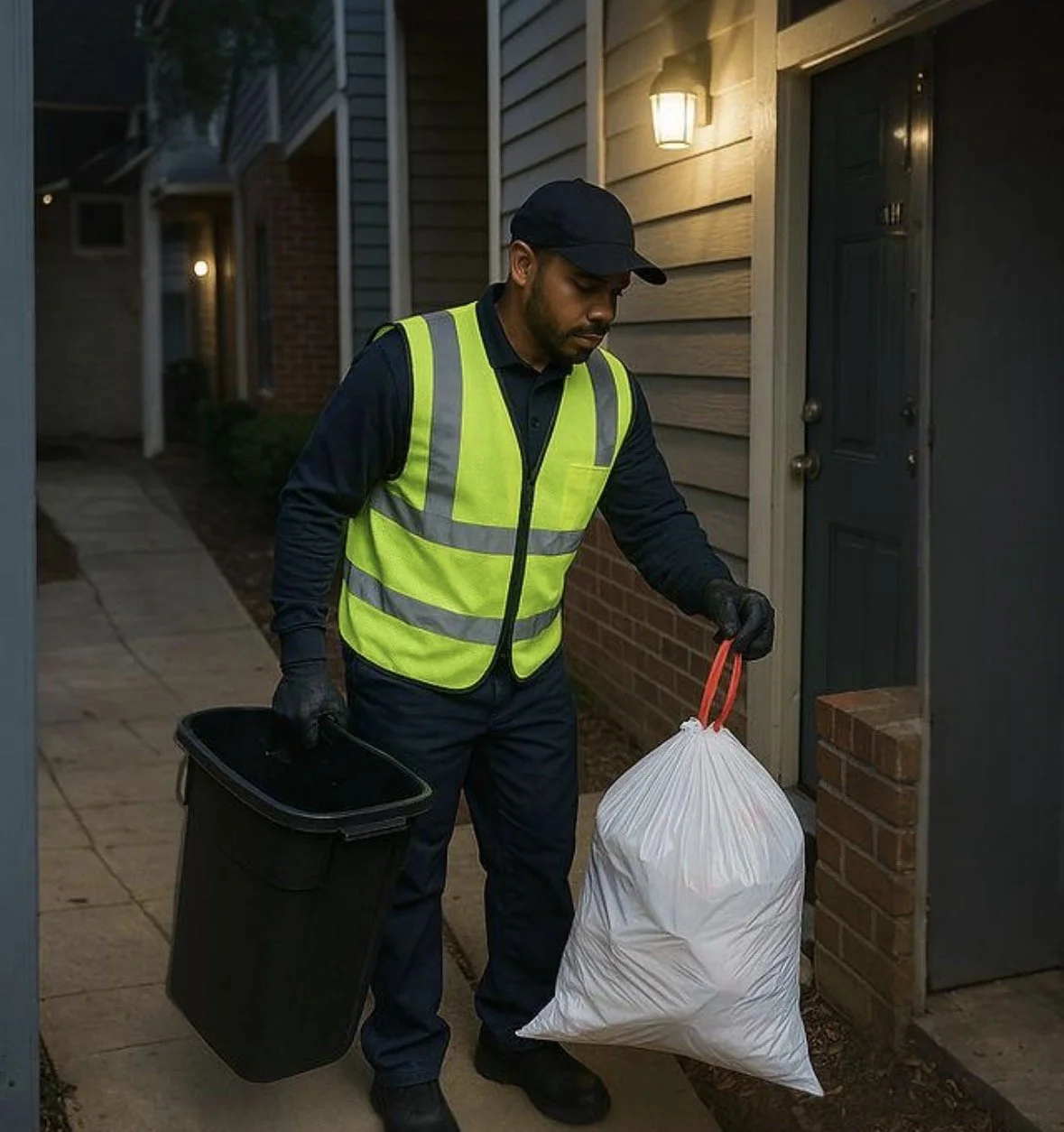 A man wearing a reflective safety vest and black gloves delivers trash or recycling to a residential dumpster at dusk, holding a large white plastic bag in one hand and a black container in the other.