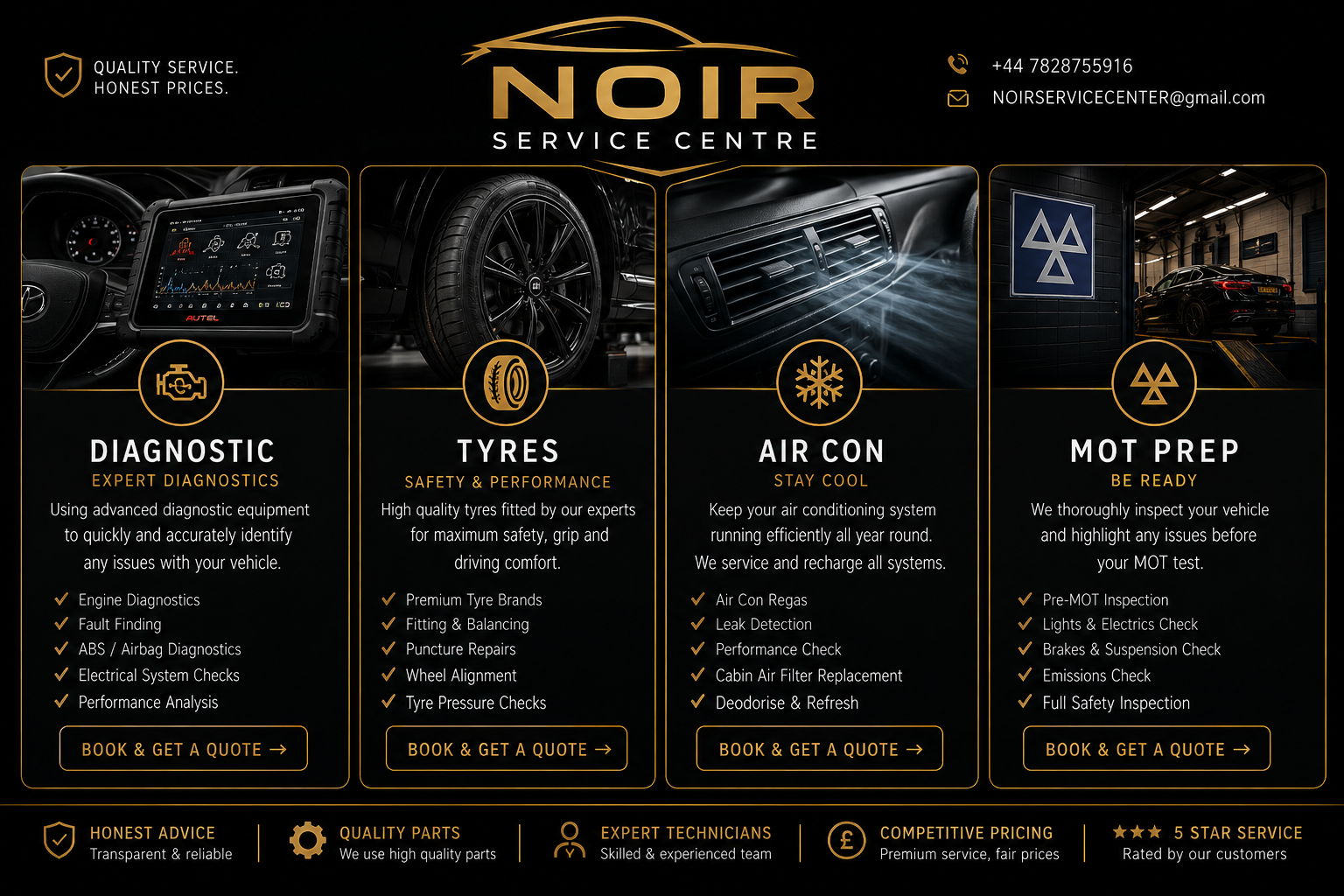 An advertisement for Noir Service Centre featuring four sections: diagnostic expert diagnostics with a car interior touchscreen, tyres with a close-up of a black tire, air conditioning system with a vent, and MOT prep with a car in a garage. The ad highlights services like engine diagnostics, tyre fitting, air con servicing, and MOT inspection, with contact details and icons for service qualities.