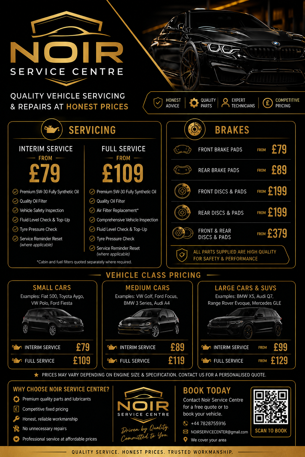 Advertising poster for Noir Service Centre, showing a black BMW and listing vehicle servicing and brake repair prices, with contact information and QR code for booking.