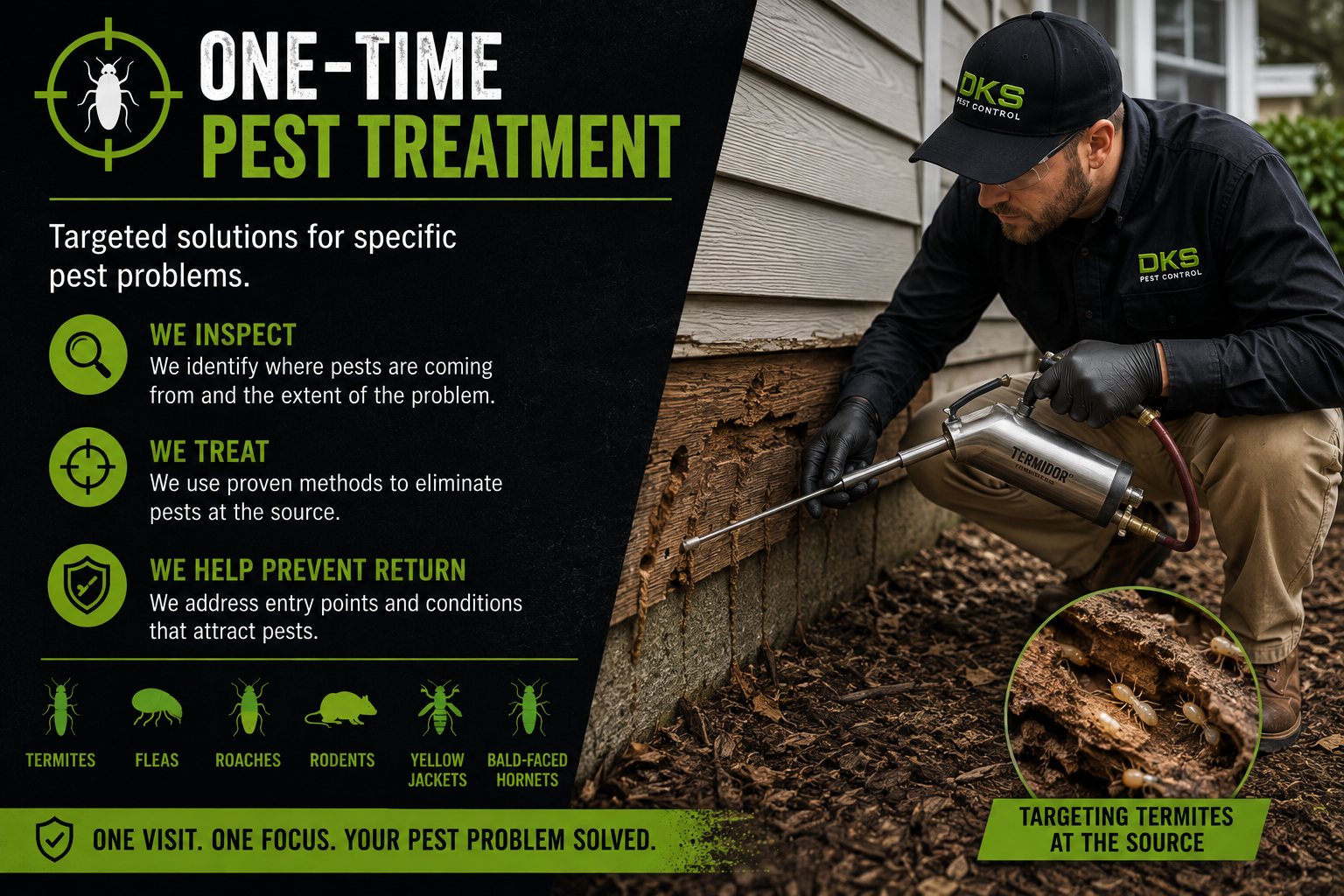 A pest control professional inspecting the foundation of a house and applying treatment with a spray gun. Side inset shows termites on wood.