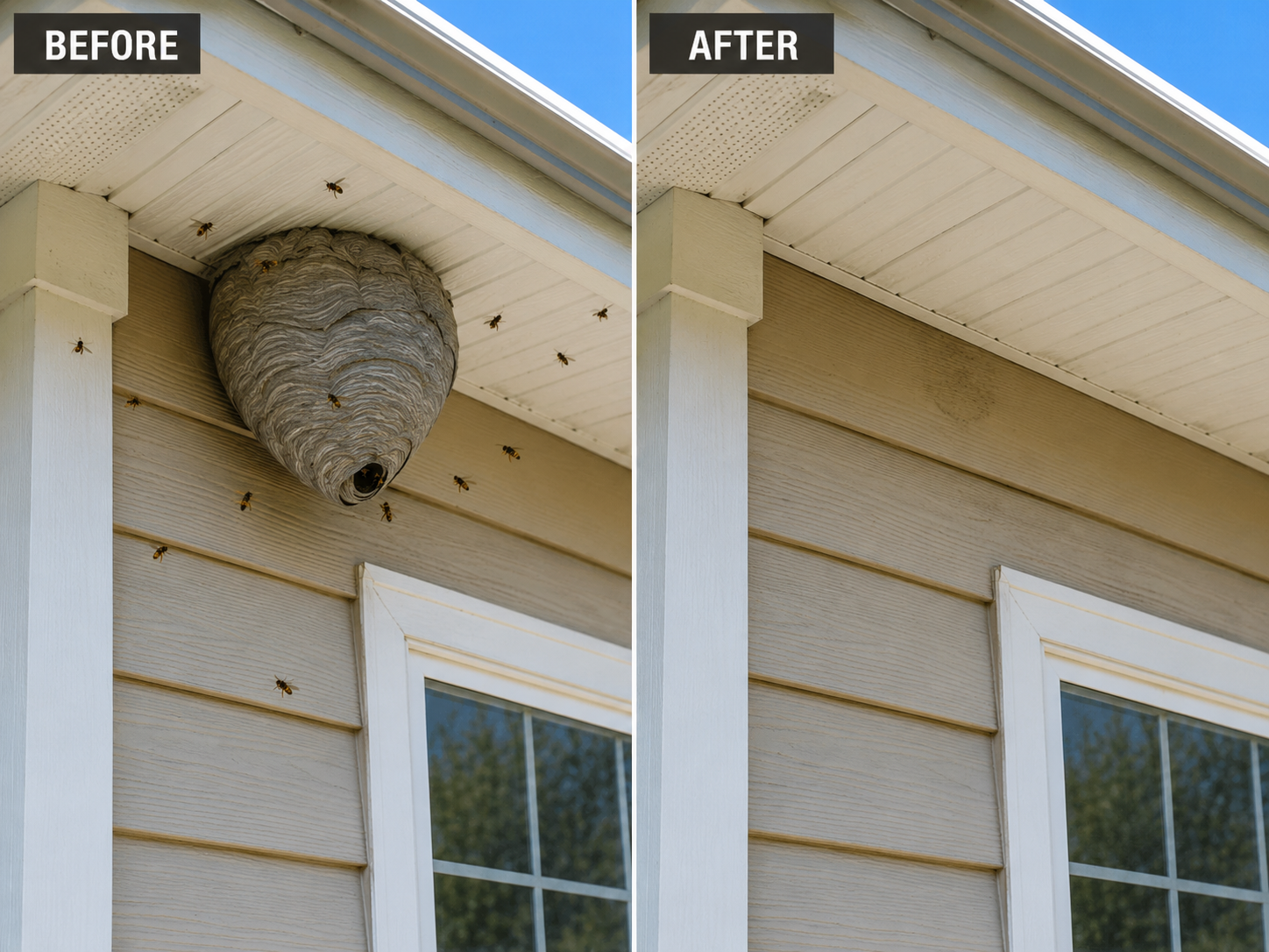 A house corner with a wasp nest under the eaves, surrounded by bees. The nest is visible in the 'before' image and has been removed in the 'after' image, showing the clean siding.