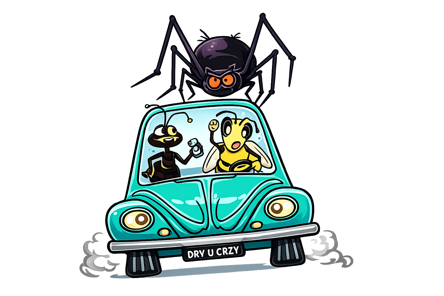 Cartoon scene with two insects in a car on a city street at night. The driver is a yellow bee and the passenger is a black ant, both smiling and enjoying the ride. Above the car, a large black spider with orange eyes is hanging, adding a humorous or slightly spooky element. The car has a license plate that reads 'DRY U CRZY'.