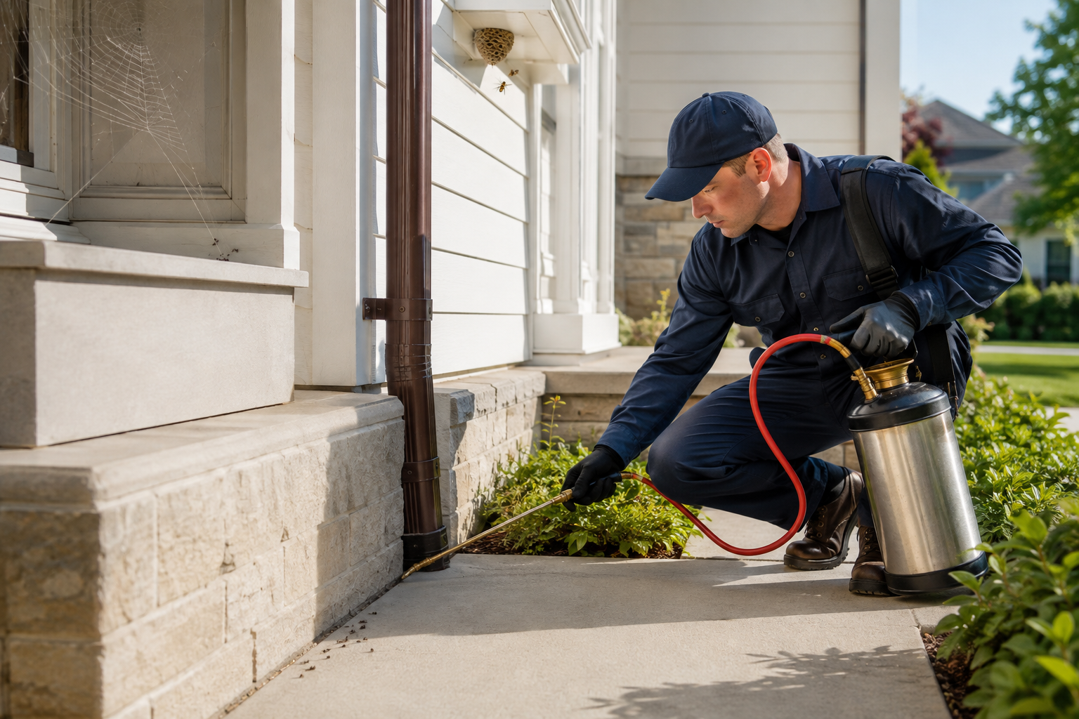 A pest control technician applying treatment around a home's foundation using a spray device on a sunny day.