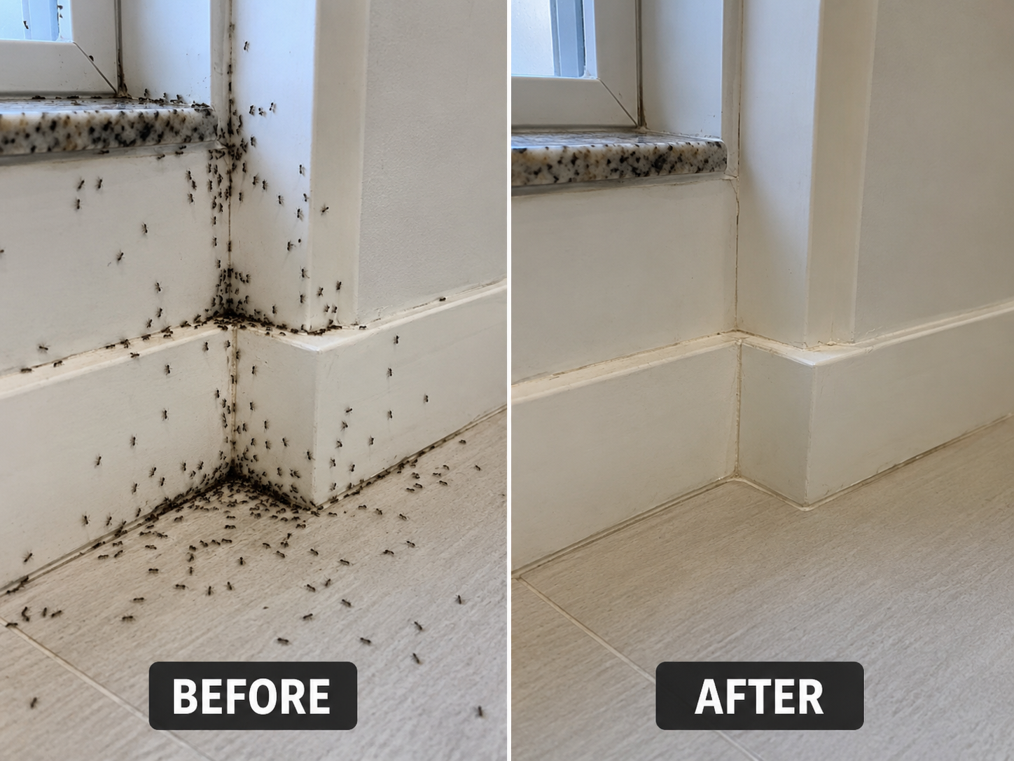 Comparison image showing a corner of a room with ants on the left side and no ants on the right side.