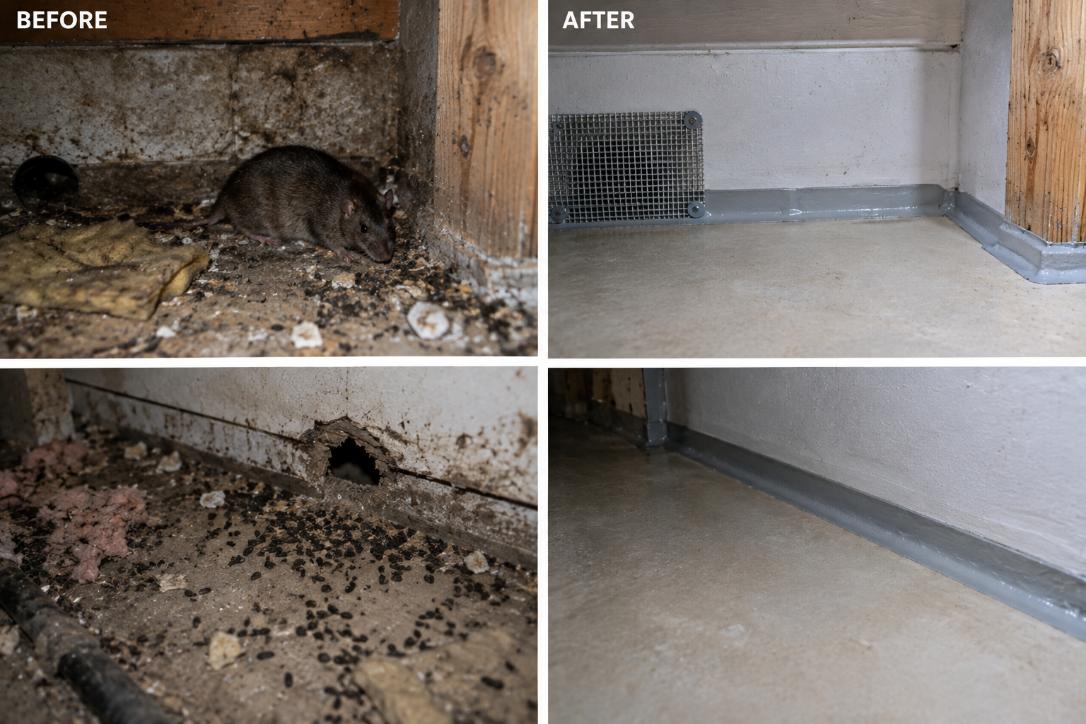 Comparison of a dirty, rodent-infested corner before cleaning and a clean corner after cleaning. The 'before' side shows a mouse, debris, and damage, while the 'after' side shows a clean, repaired corner with a vent and baseboard.