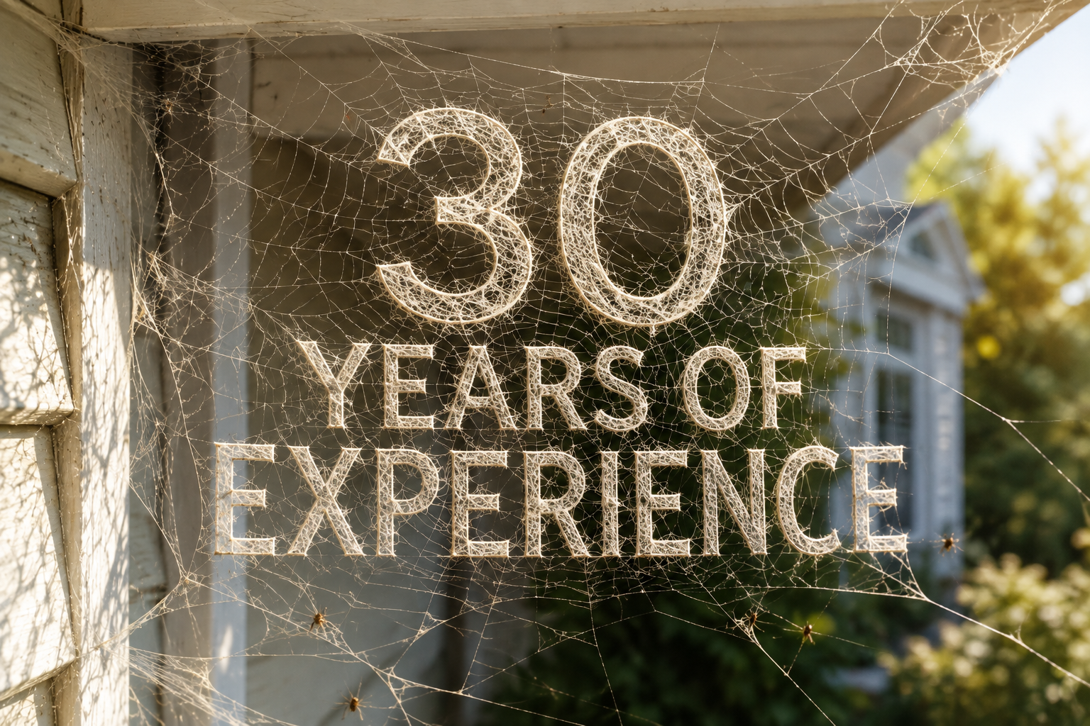 A spider web with illuminated text reading '30 YEARS OF EXPERIENCE' in the center, attached to a house and surrounded by trees.
