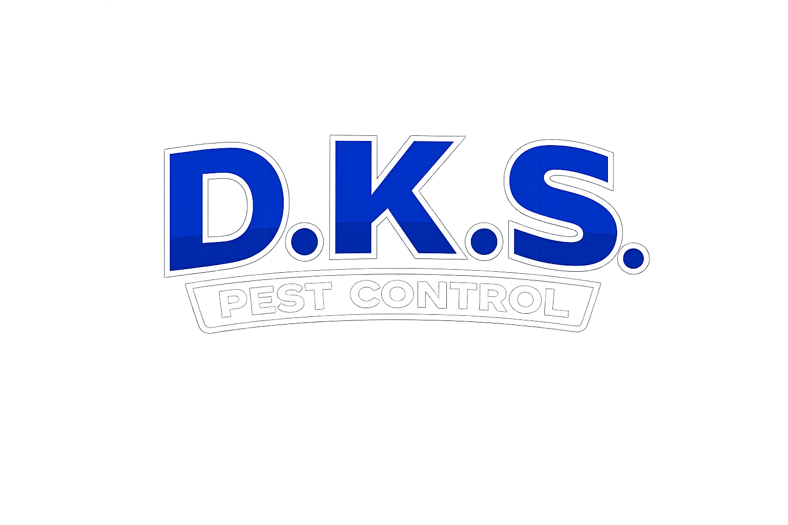 Logo of D.K.'s Pest Control with bold blue text, white outline, and a white banner with gray text underneath.