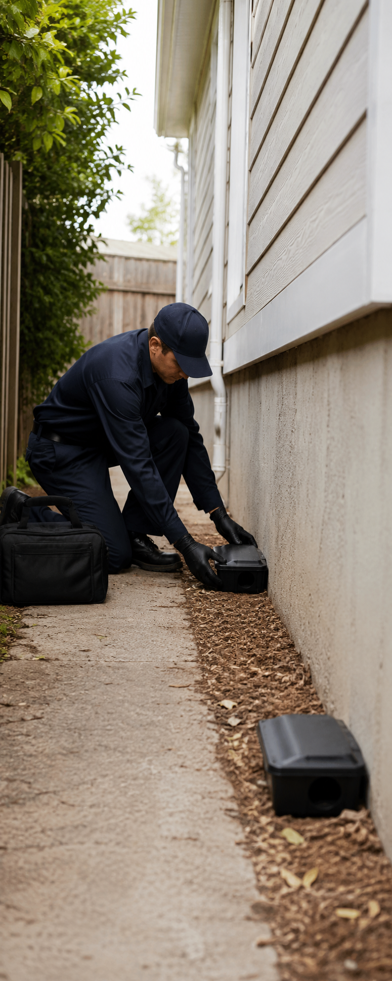 A man dressed in a navy uniform installing a pest control device near the foundation of a house.