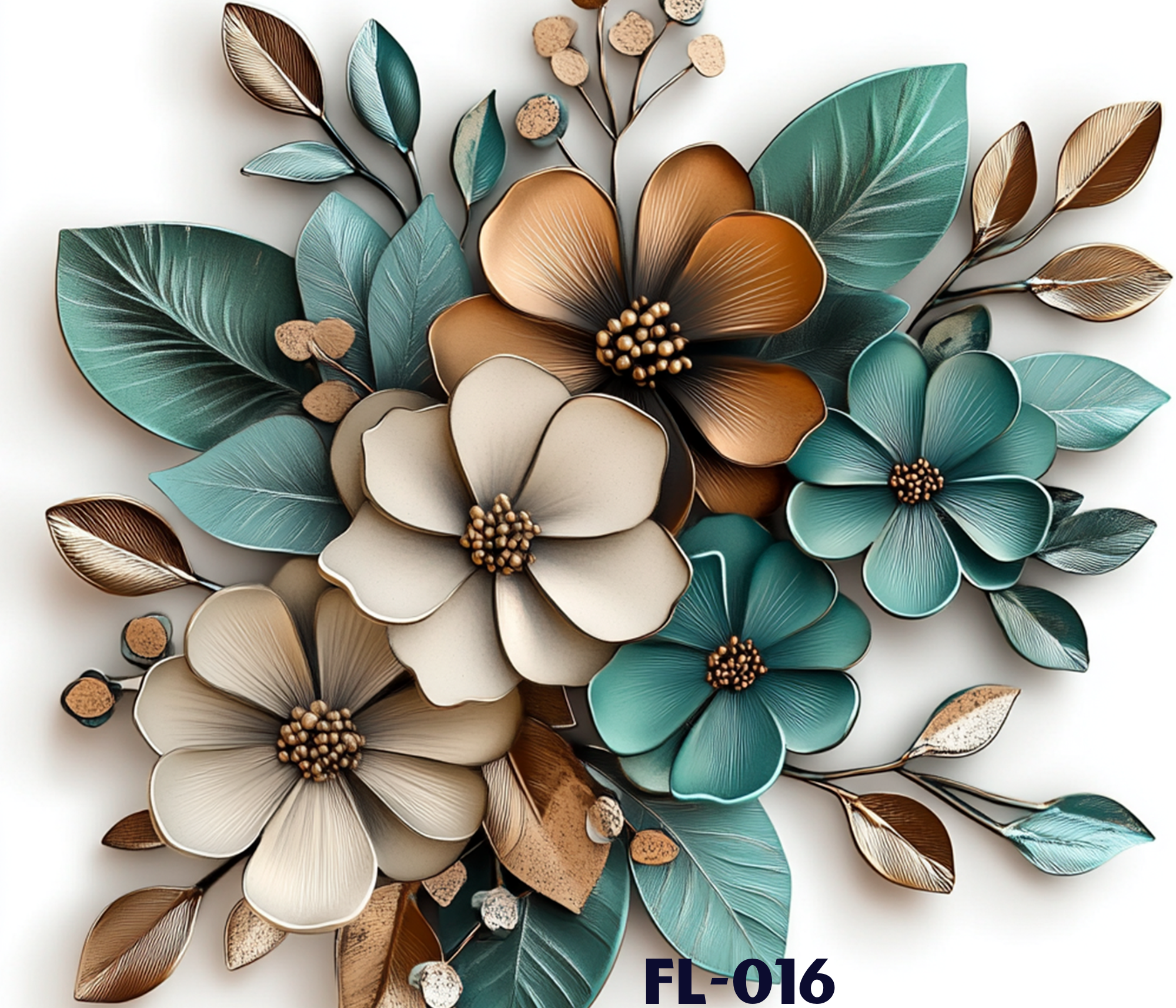 Decorative wall art featuring metal flowers and leaves in shades of brown, teal, and cream with a floral design and a white background.