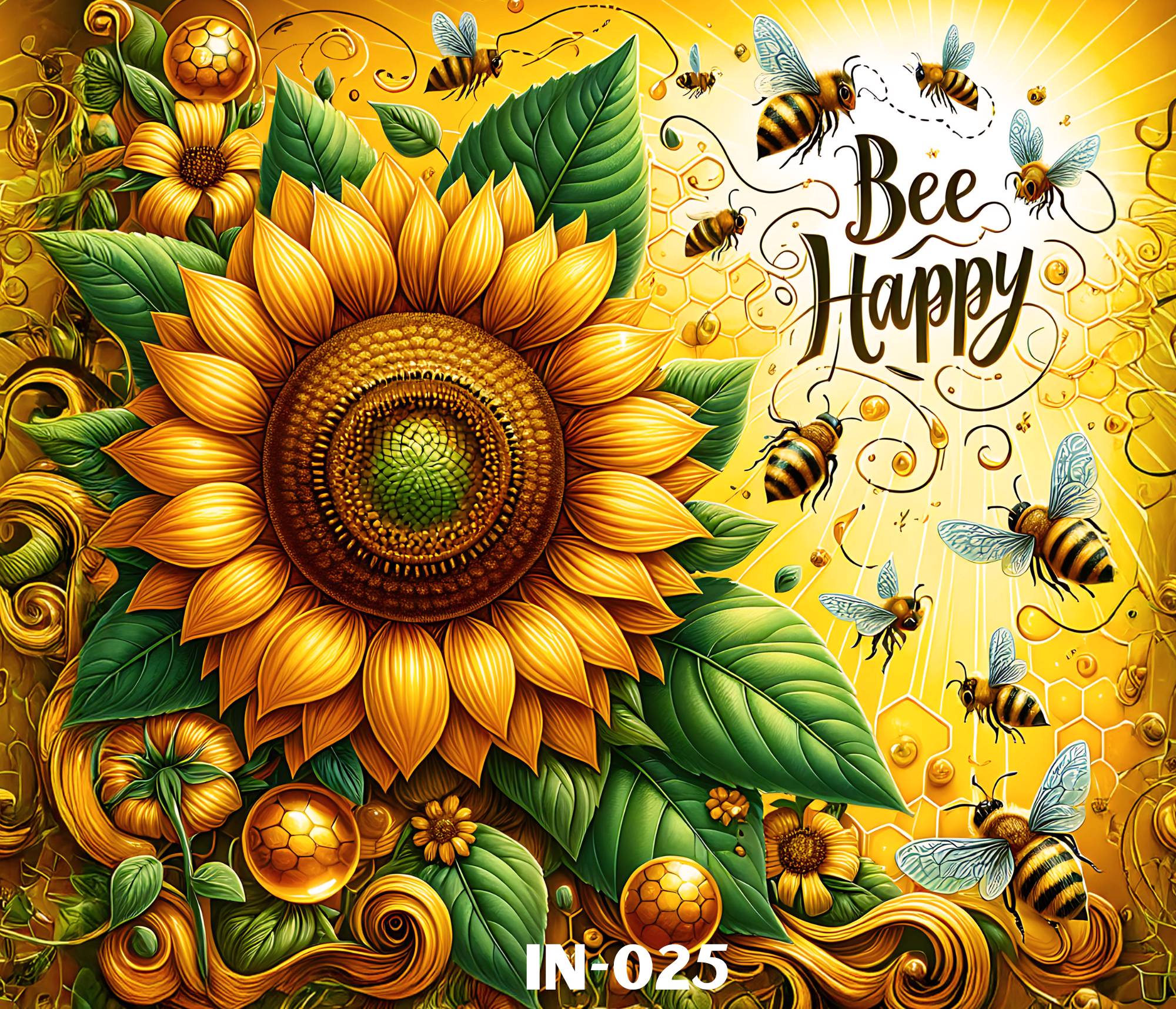 A colorful, detailed illustration of a sunflower with bees flying around, set against a bright yellow background with honeycomb patterns and swirls. The words 'Bee Happy' are written in stylized text on the right side.