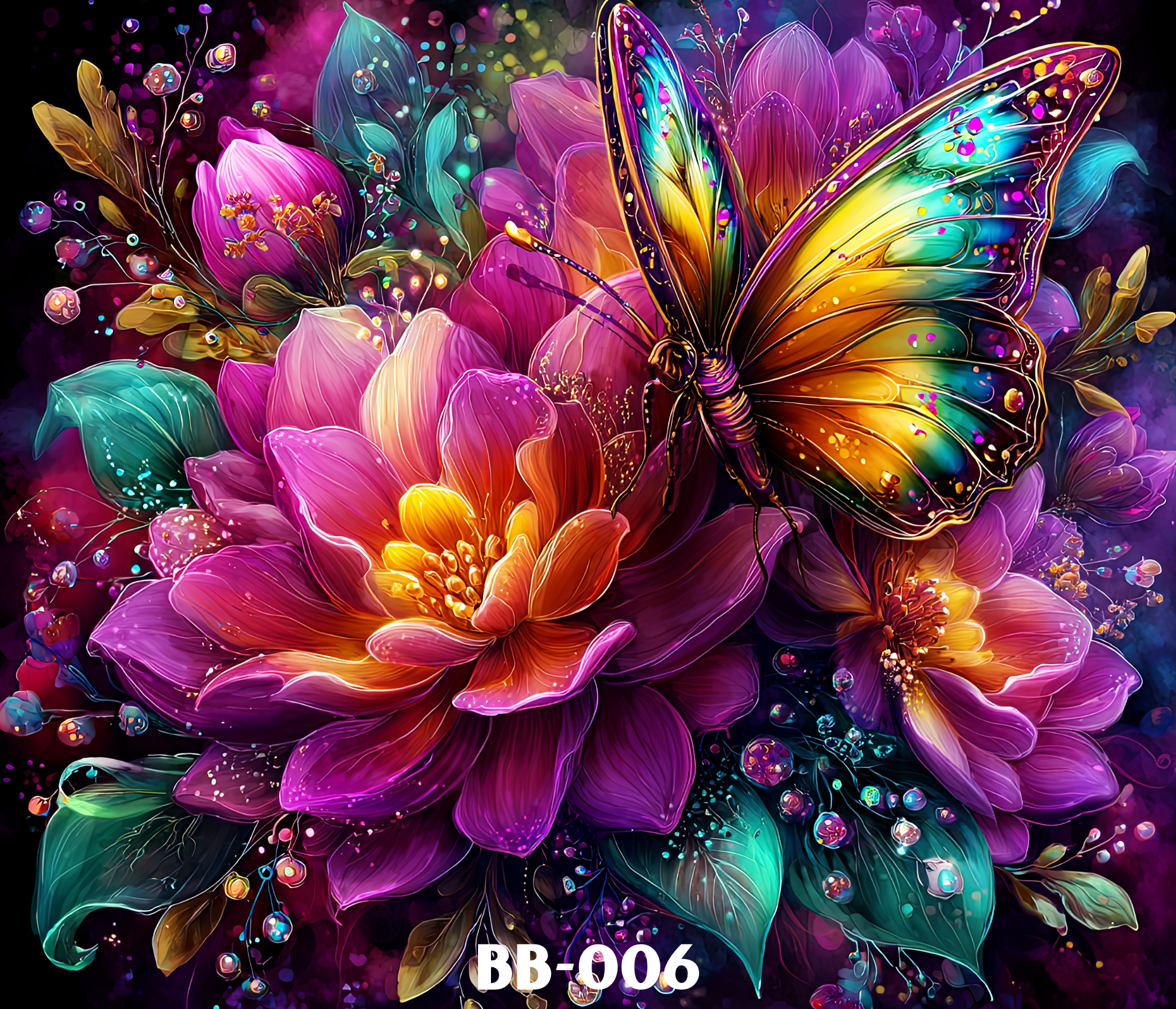 A vibrant and colorful digital artwork featuring a large butterfly with rainbow-colored wings amidst an abstract floral background with glowing and sparkling elements.