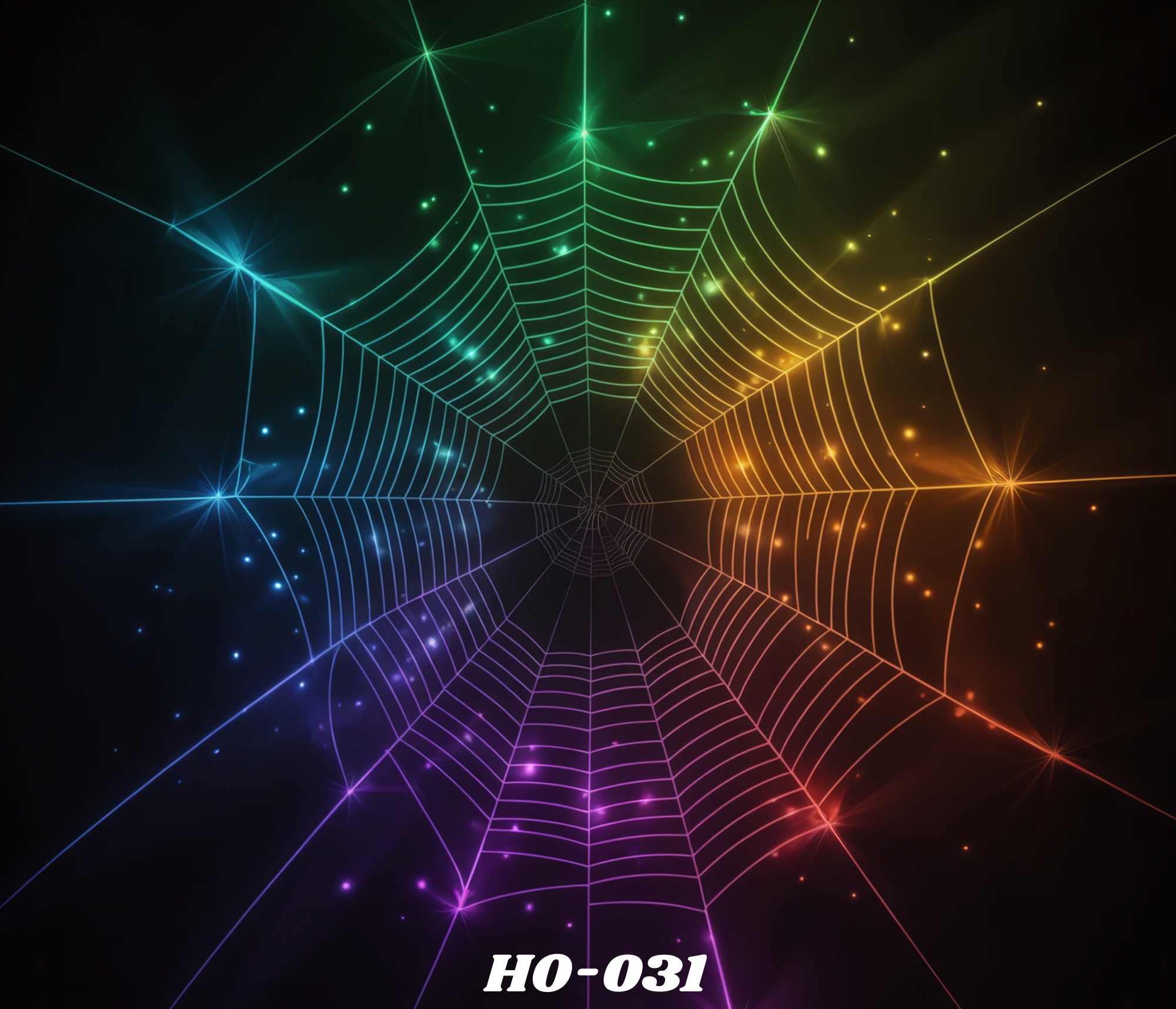 A glowing, multicolored digital spider web with lines and points of light in shades of blue, green, yellow, orange, purple, and red, on a dark background.