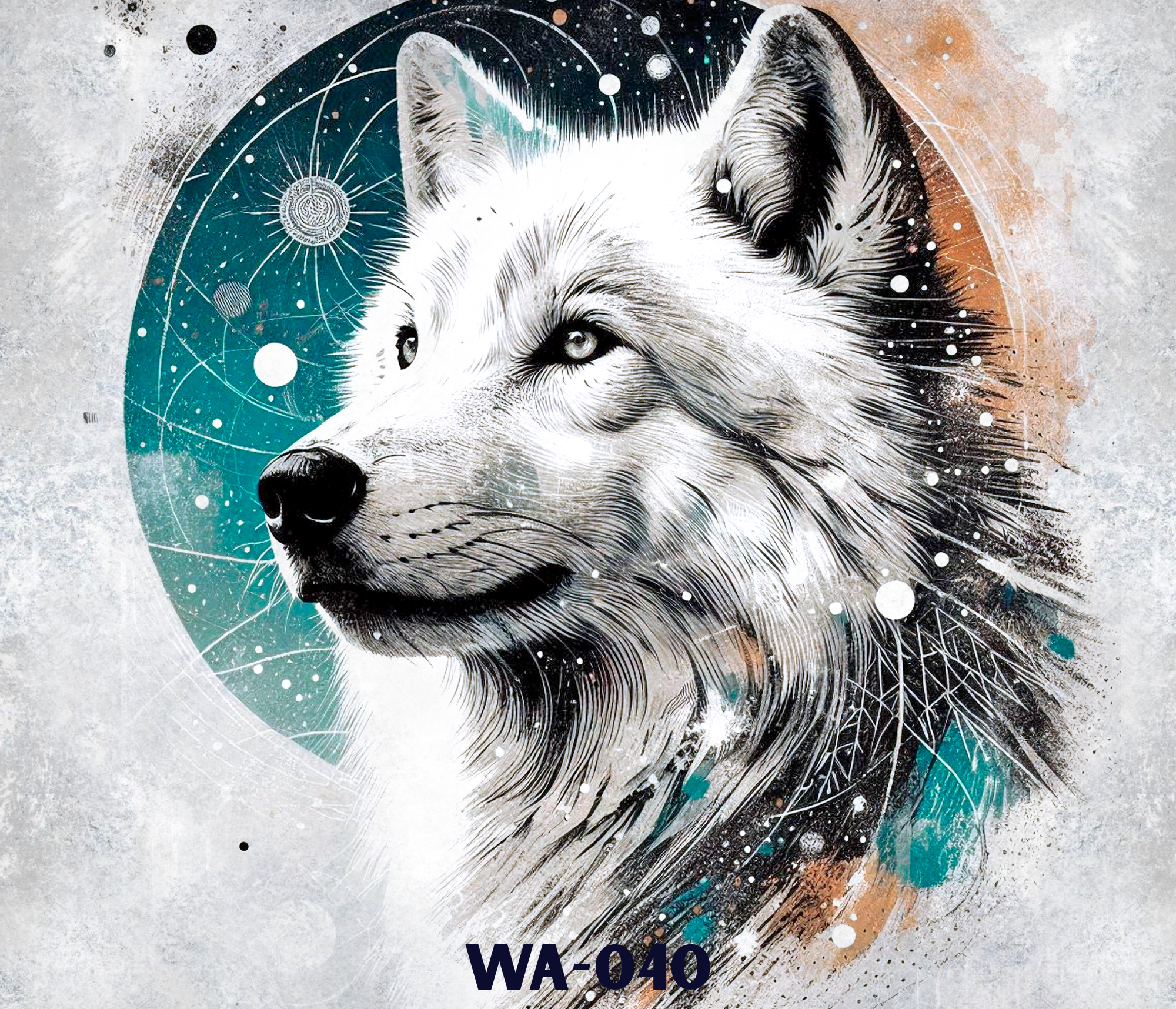 Artistic illustration of a husky dog with celestial and galaxy theme background, featuring planets, stars, and geometric patterns,