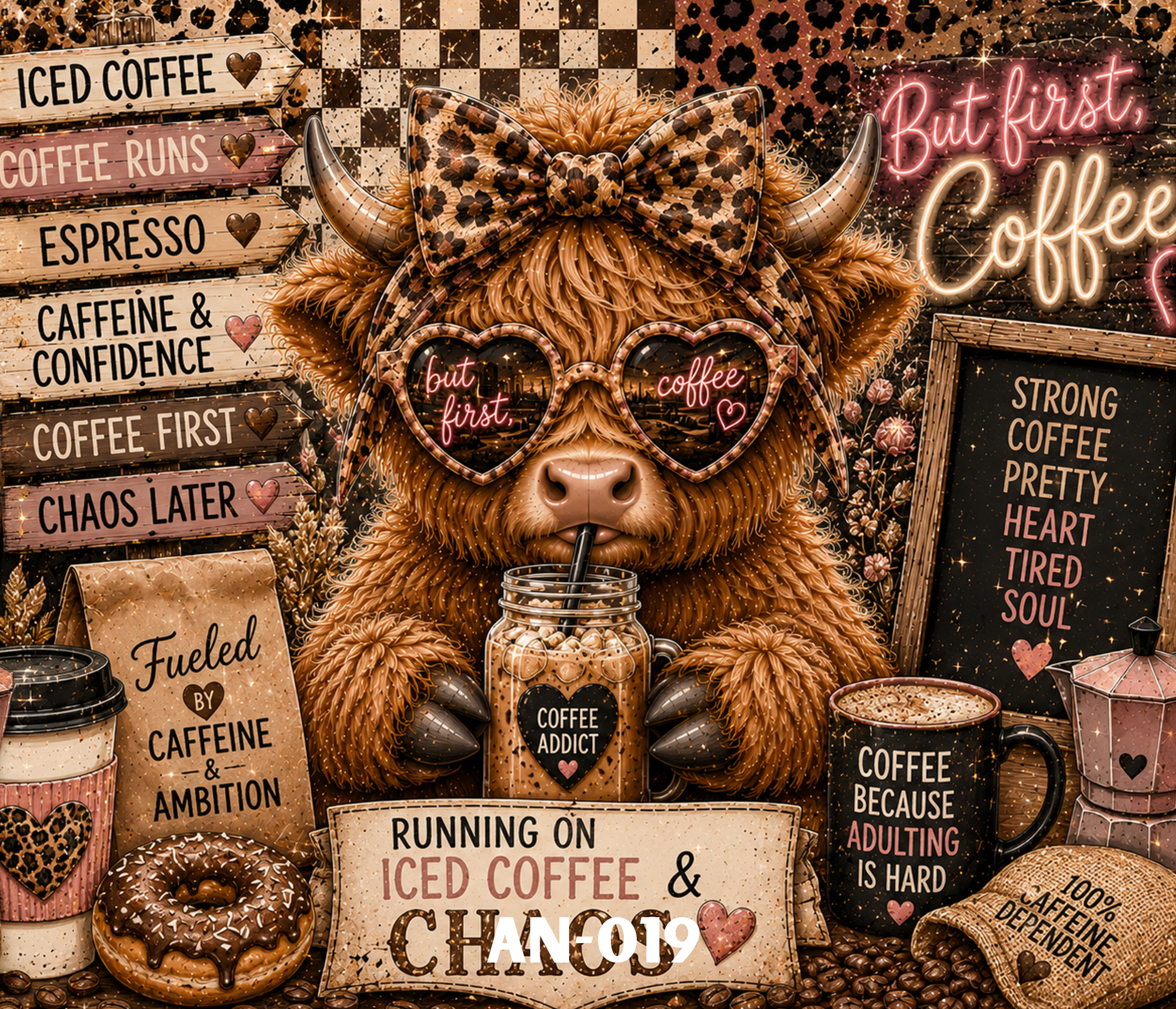 Decorative display featuring a lion's face with a leopard-print bow and sunglasses, surrounded by various coffee-themed signs and treats, including iced coffee, donuts, and motivational quotes about coffee addiction and ambition.