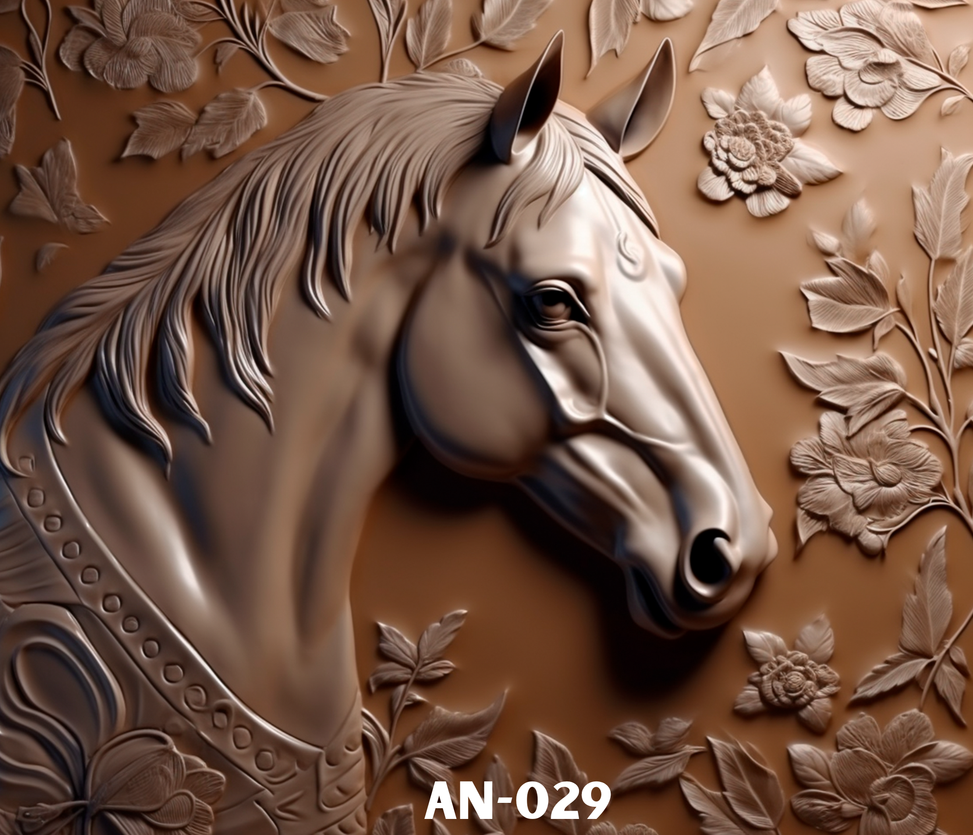 A detailed beige 3D wall art features a horse's head with a flowing mane and bunny ears, surrounded by intricately carved leaves, flowers, and feathers.