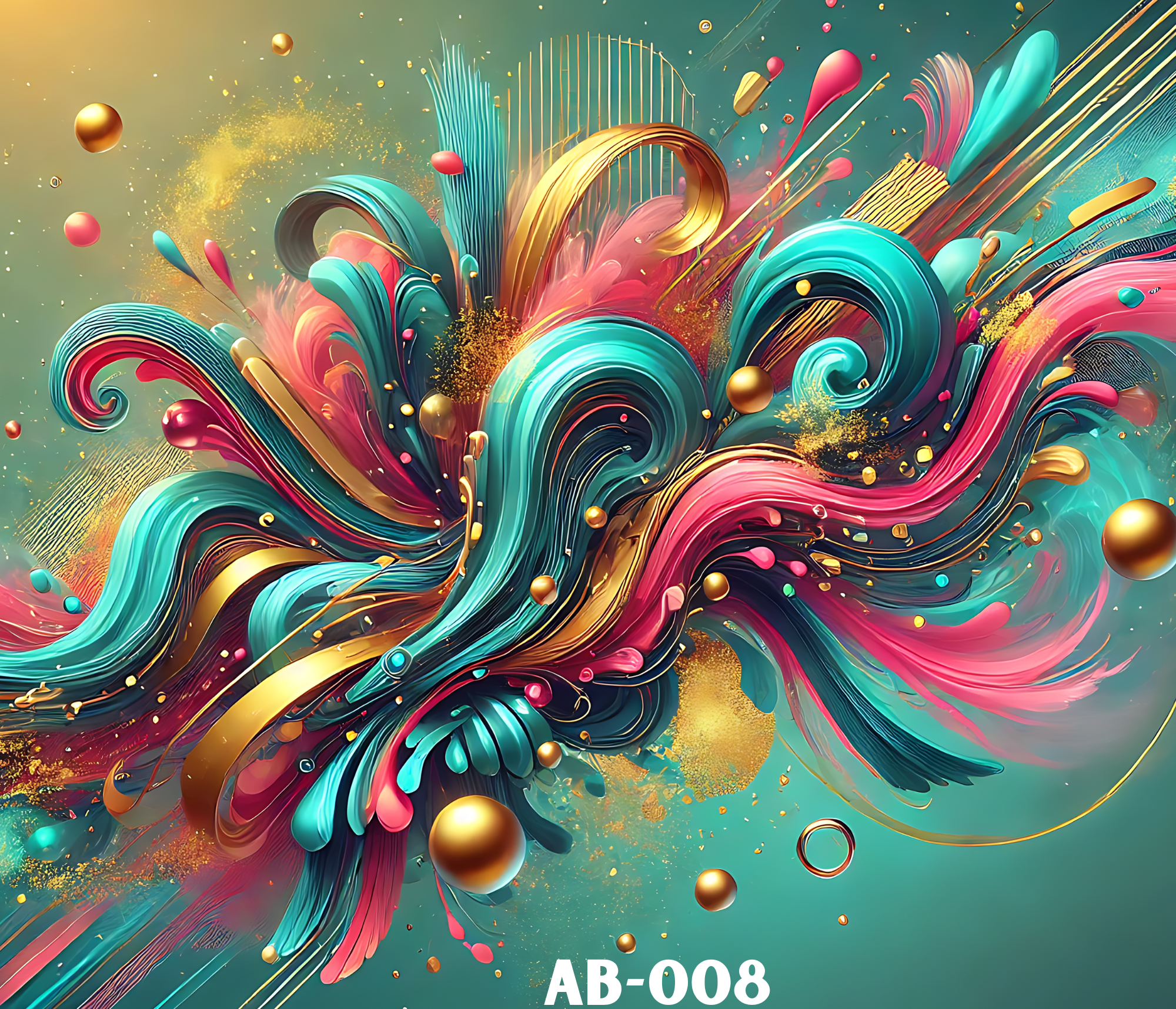 A colorful digital abstract artwork with swirling ribbons, splashes, and floating golden spheres, featuring vibrant blue, pink, yellow, and black colors on a soft gradient background.