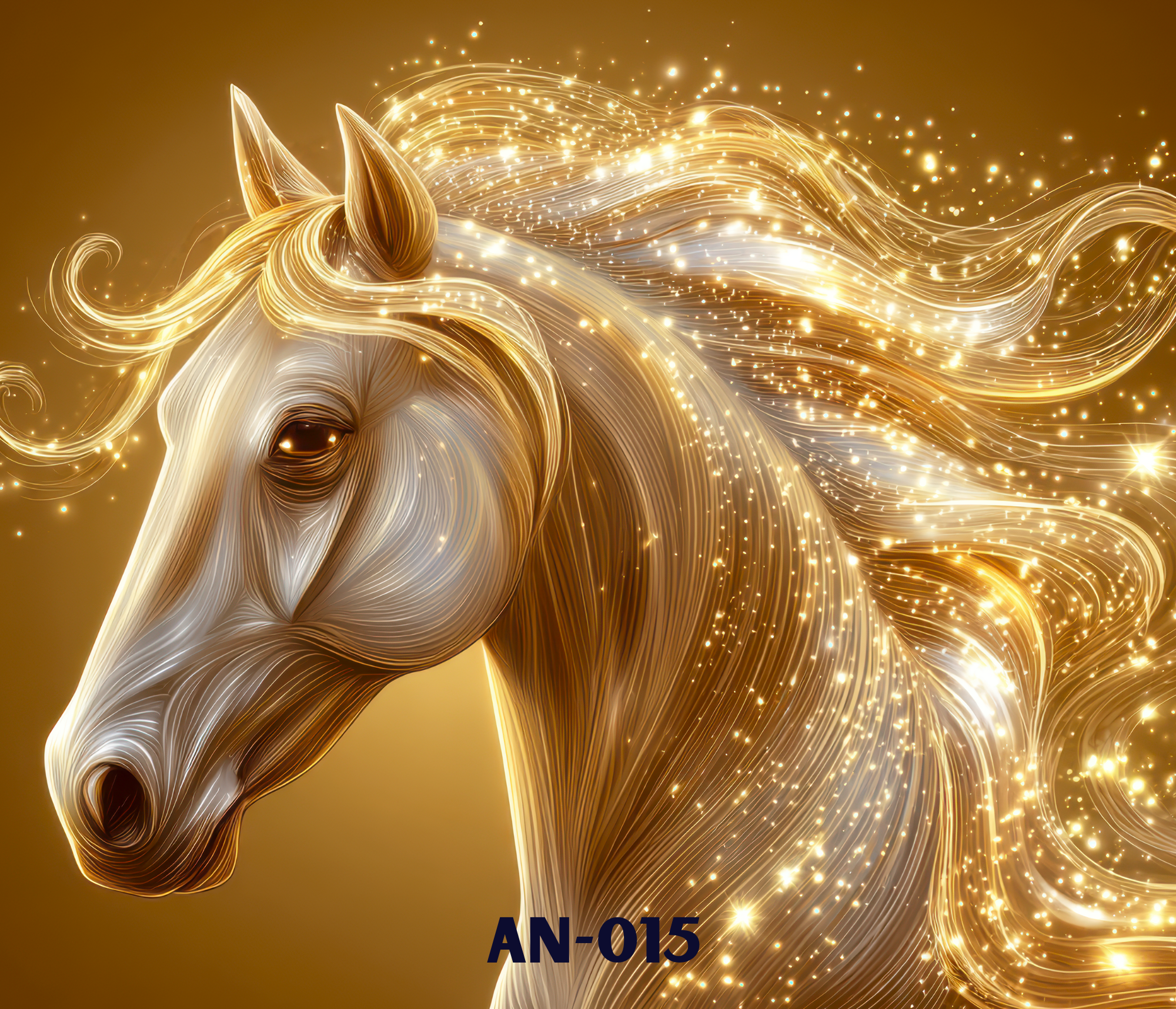 A digital artwork of a white horse with flowing mane made of golden light and sparkles, set against a brown background.