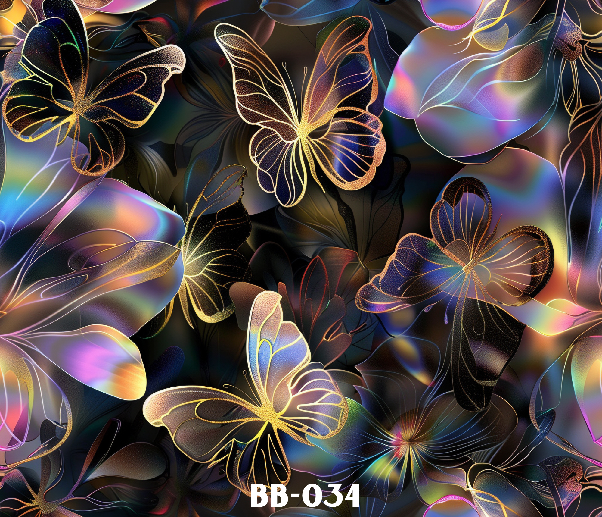 A digital art image of glowing butterflies with multicolored, iridescent wings flying against a dark background. The butterflies have intricate, luminous outlines and patterns, creating a vibrant and dynamic visual display.