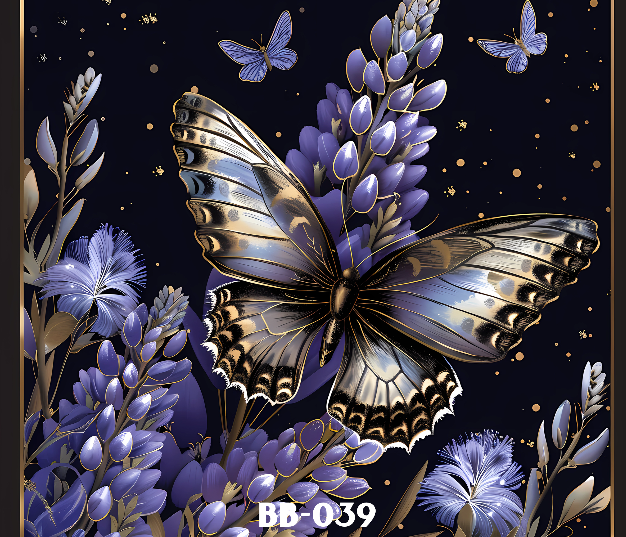 Digital artwork of a butterfly with black, white, and gold wings, surrounded by purple flowers and butterflies on a black background with gold accents.