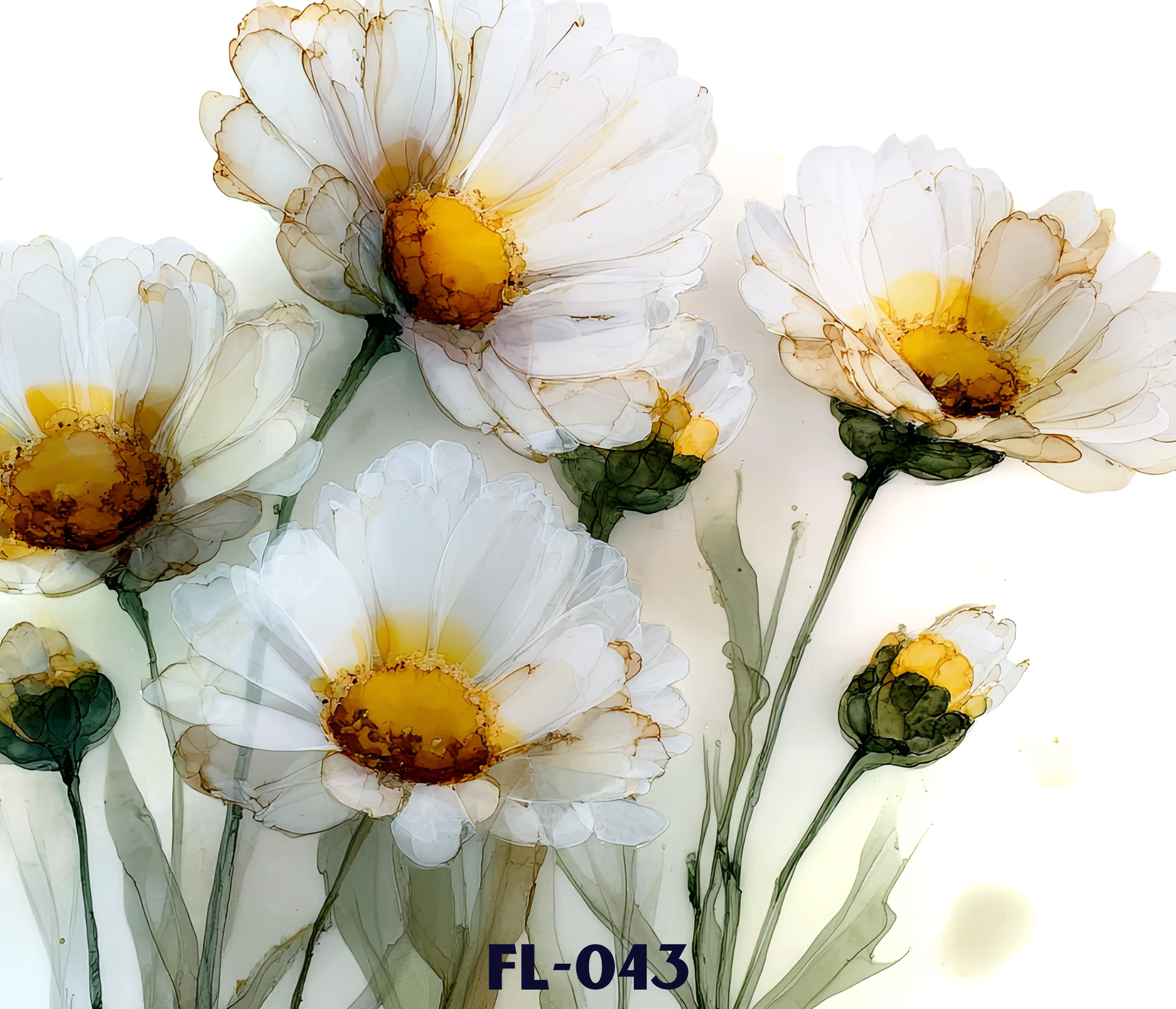 Close-up image of several white flowers with yellow centers, with digital sketch-like outlines and subtle coloration. There is text at the bottom reading 'FL-043'.