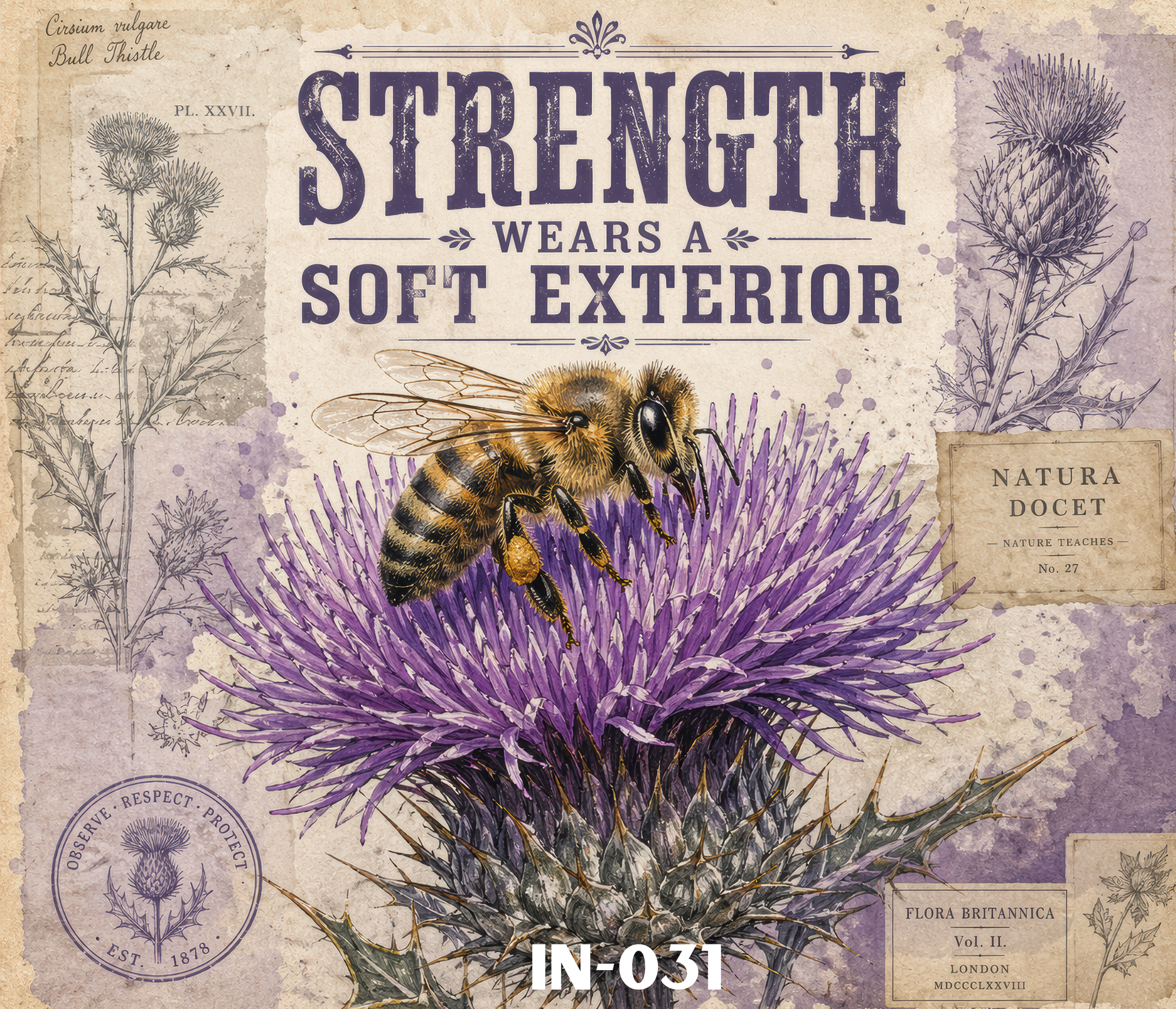 An illustration of a large purple thistle flower with detailed bee perched on it, surrounded by vintage botanical sketches and text about the thistle.