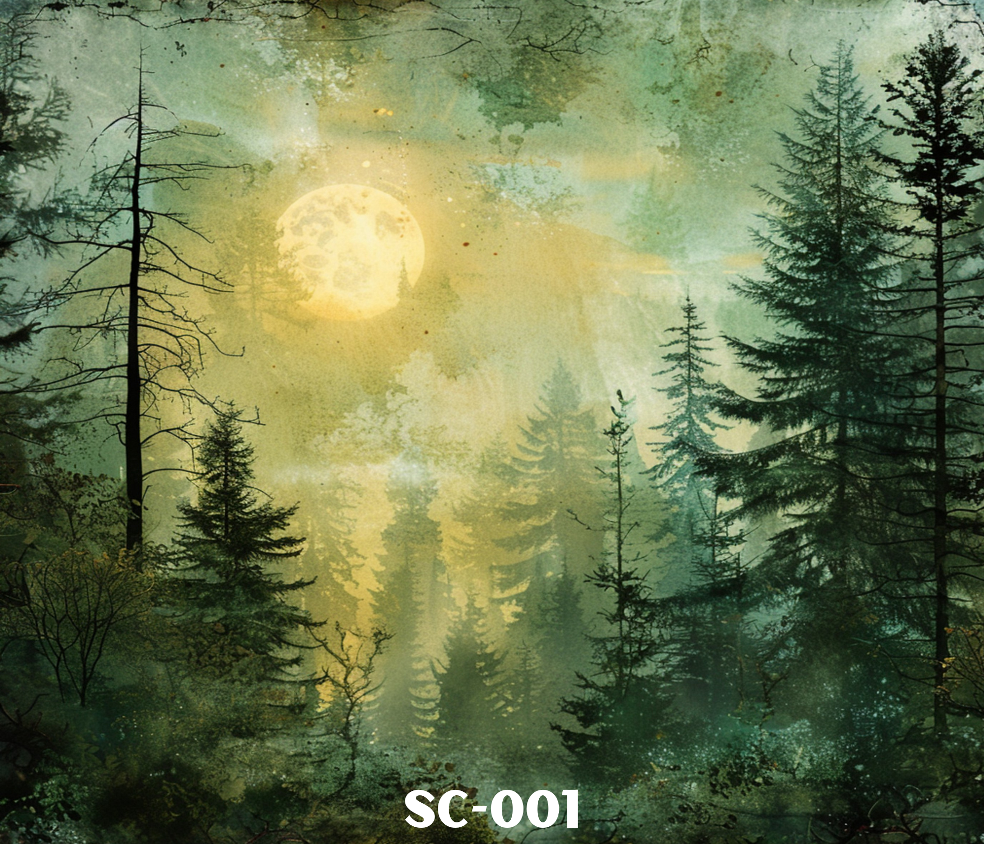 A scenic watercolor painting of a forest with tall, dark green pine trees and a bright full moon in the night sky, with faint star-like specks and a misty atmosphere.