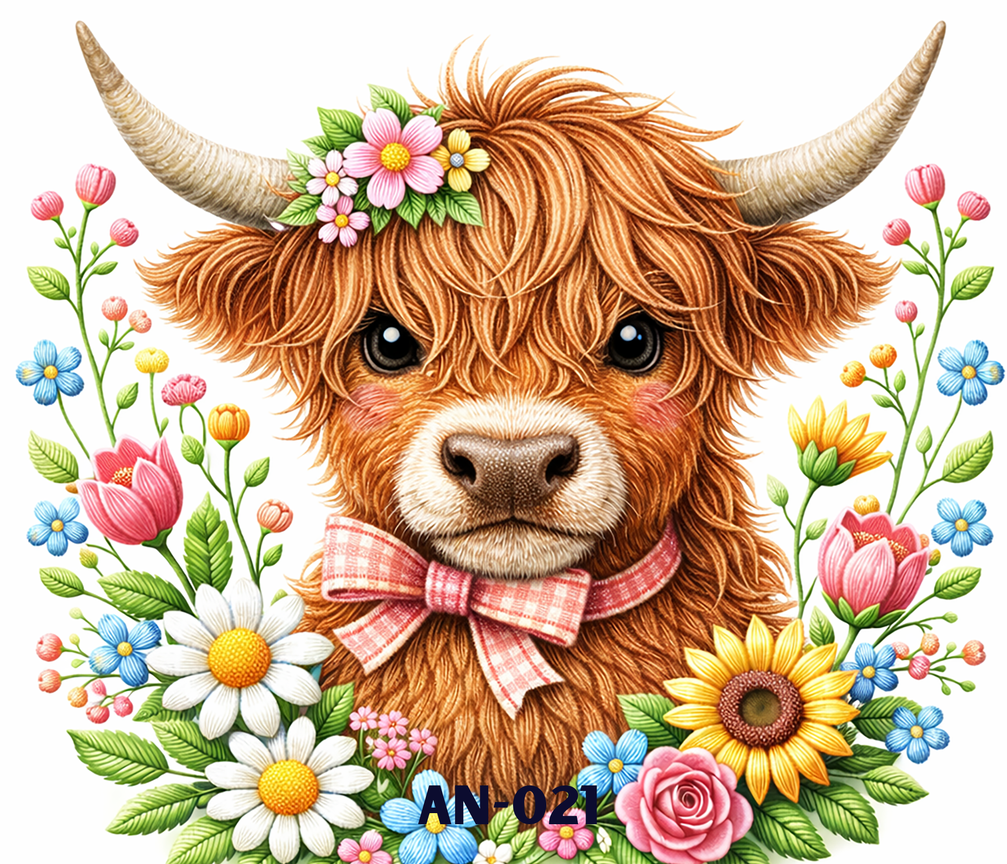 Illustration of a highland cow with long tan horns, reddish-brown curly fur, a pink and white checkered bow around its neck, and a floral crown consisting of pink, yellow, and purple flowers with green leaves. It is surrounded by colorful flowers and green foliage on a white background.