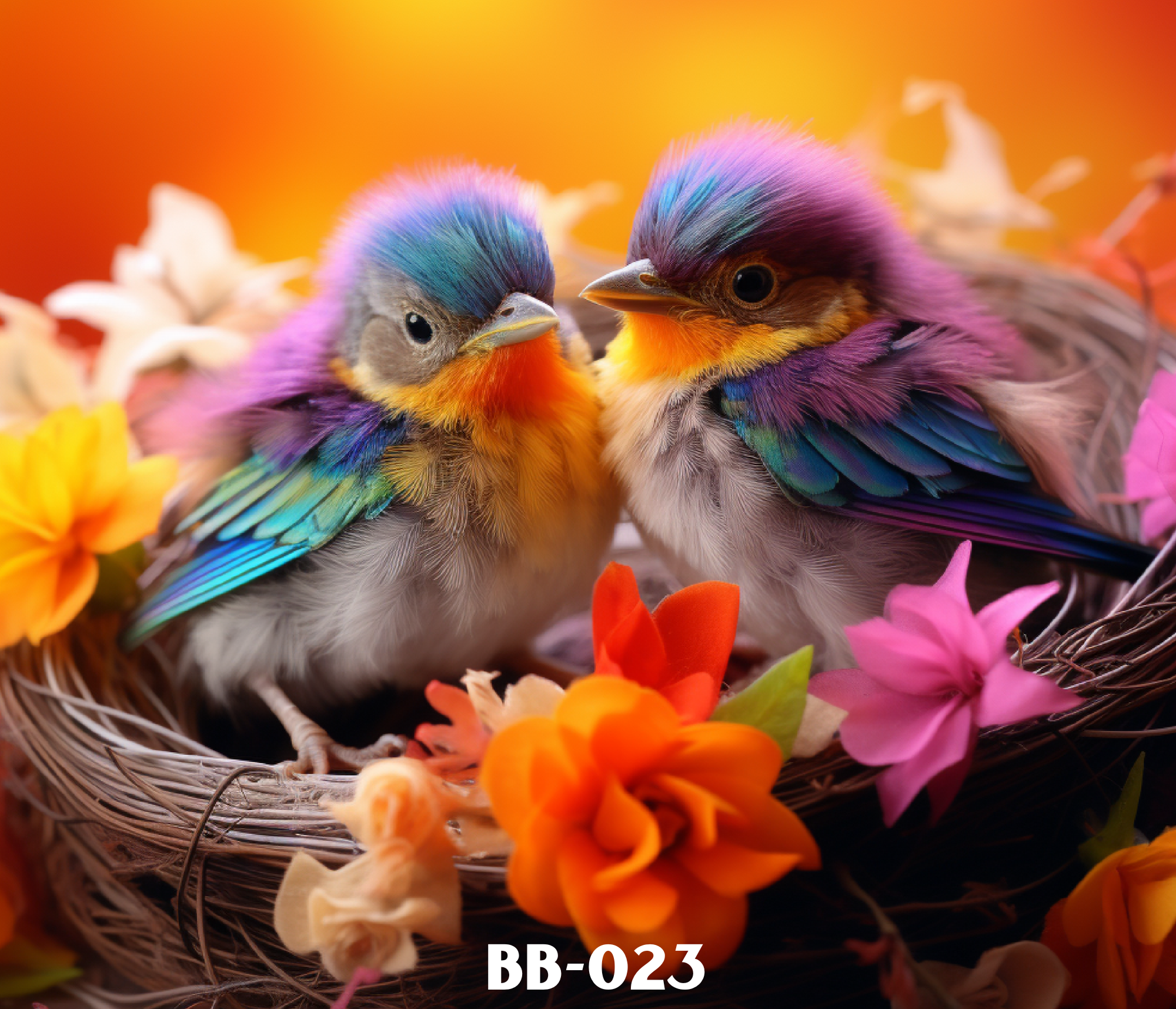Two colorful birds with feathers in shades of purple, blue, green, orange, and yellow sitting in a basket surrounded by vibrant flowers of orange, pink, and yellow with a warm orange background.