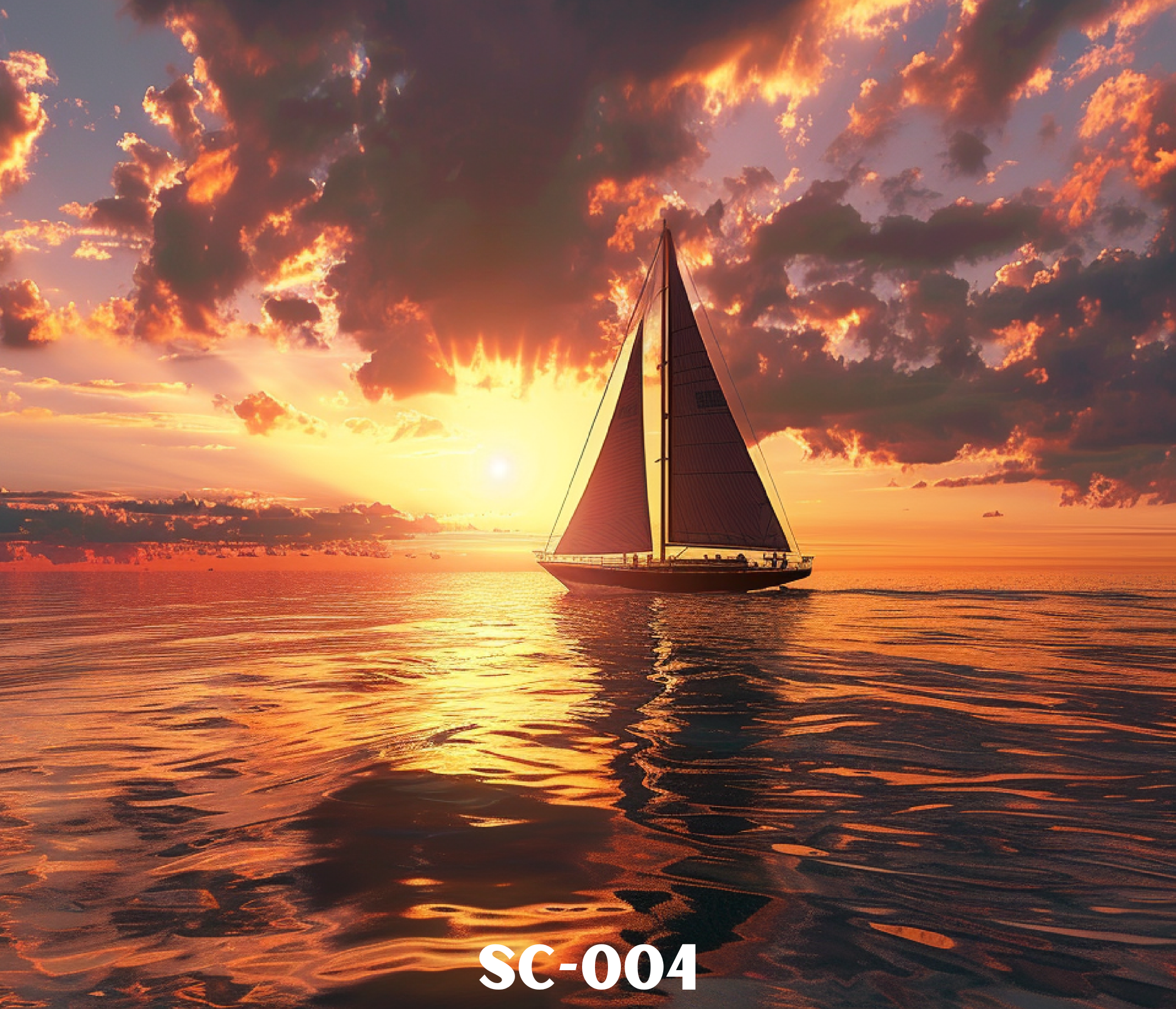 A sailboat sailing on calm water during a sunset with a sky filled with dark and orange clouds. The sun is low on the horizon, casting warm hues across the scene.