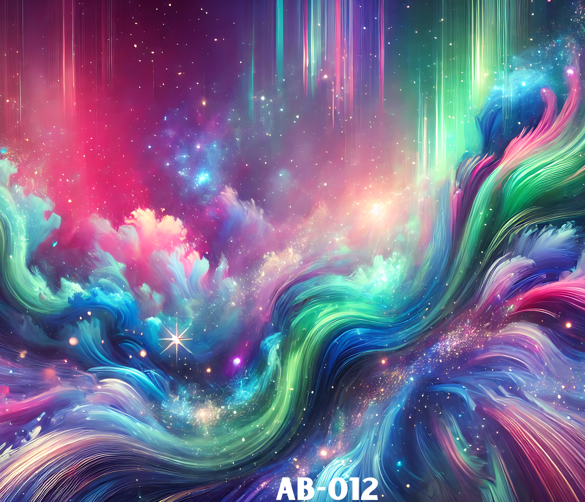 Digital artwork of a colorful cosmic scene with swirling neon colors and sparkling stars, featuring the text "AB-012" at the bottom.