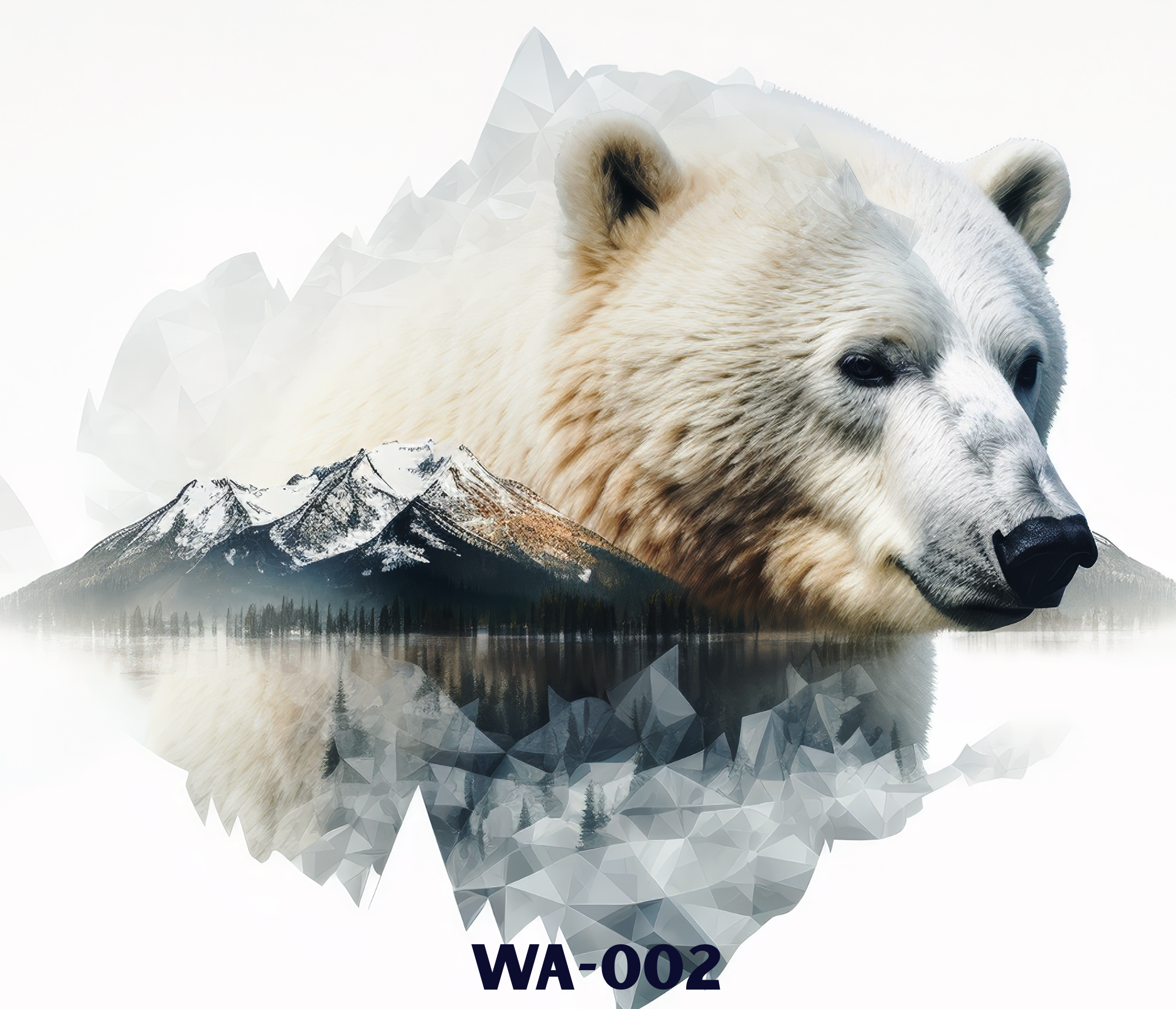 A digital composite image of a polar bear's head with an abstract mountain background, overlayed with triangular geometric shapes