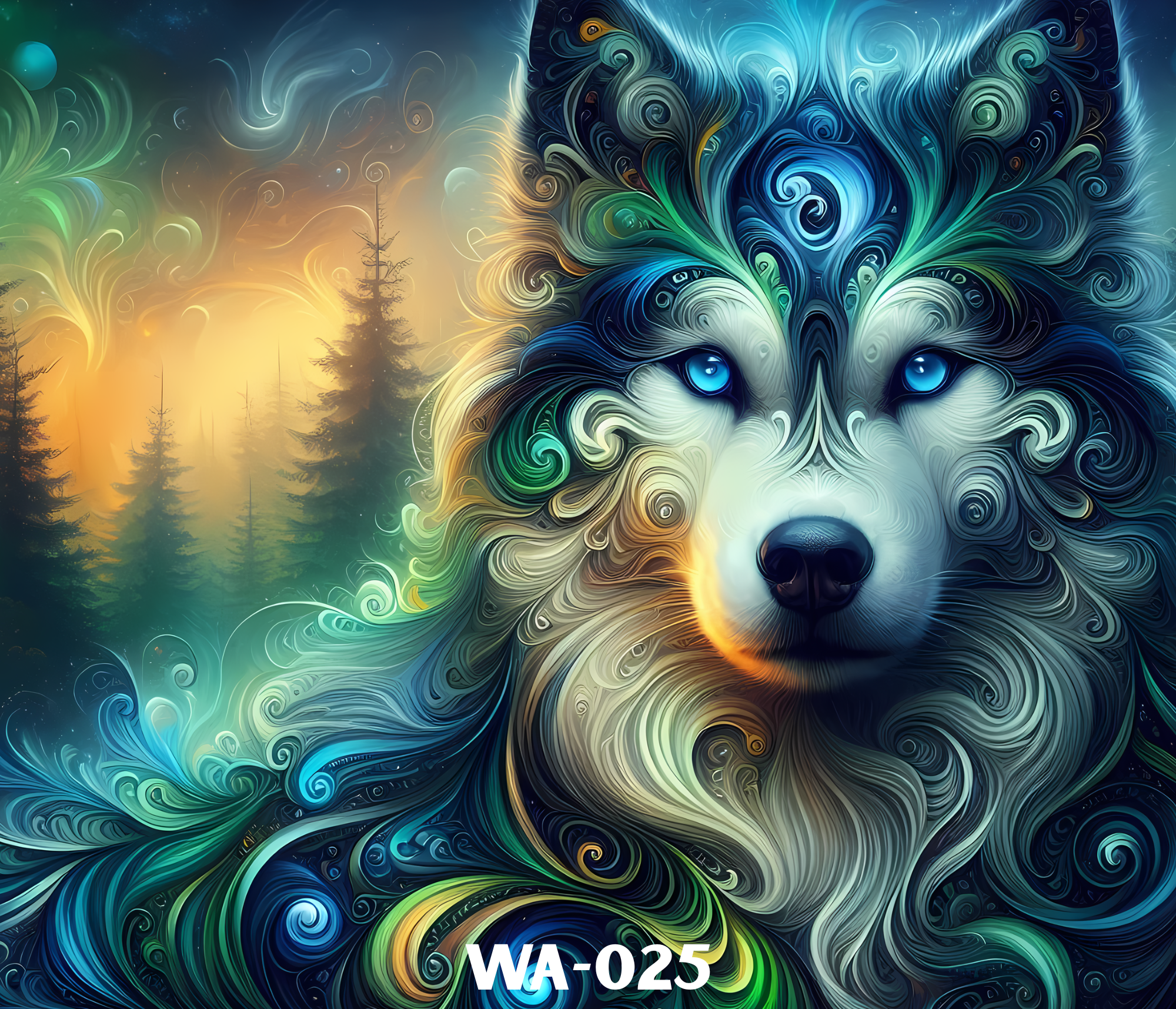 Colorful digital illustration of a wolf with swirling, vibrant lines forming its face and fur, with a background of trees and a glowing sunset.