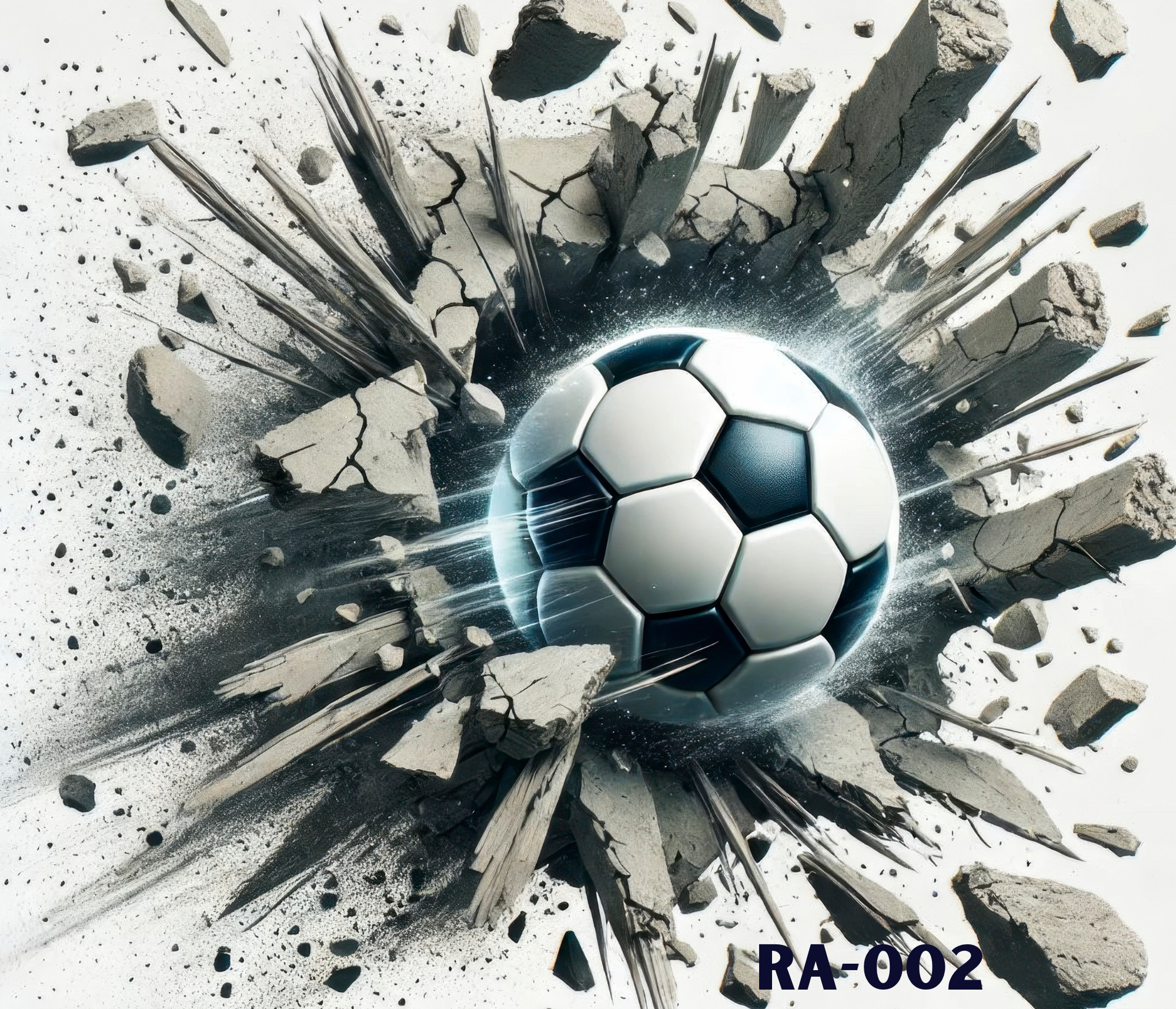 A soccer ball appears to be exploding through a wall of concrete and debris, with cracks and dust emanating from the impact point.