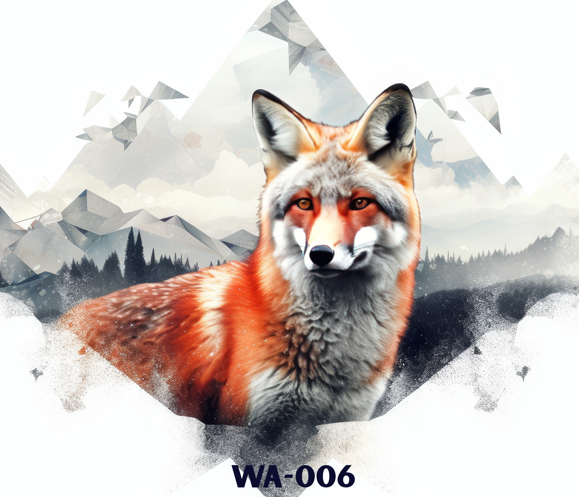A digital illustration of a wolf in front of a mountain landscape with a snow-capped peak, blending realism with a stylized, artistic effect,