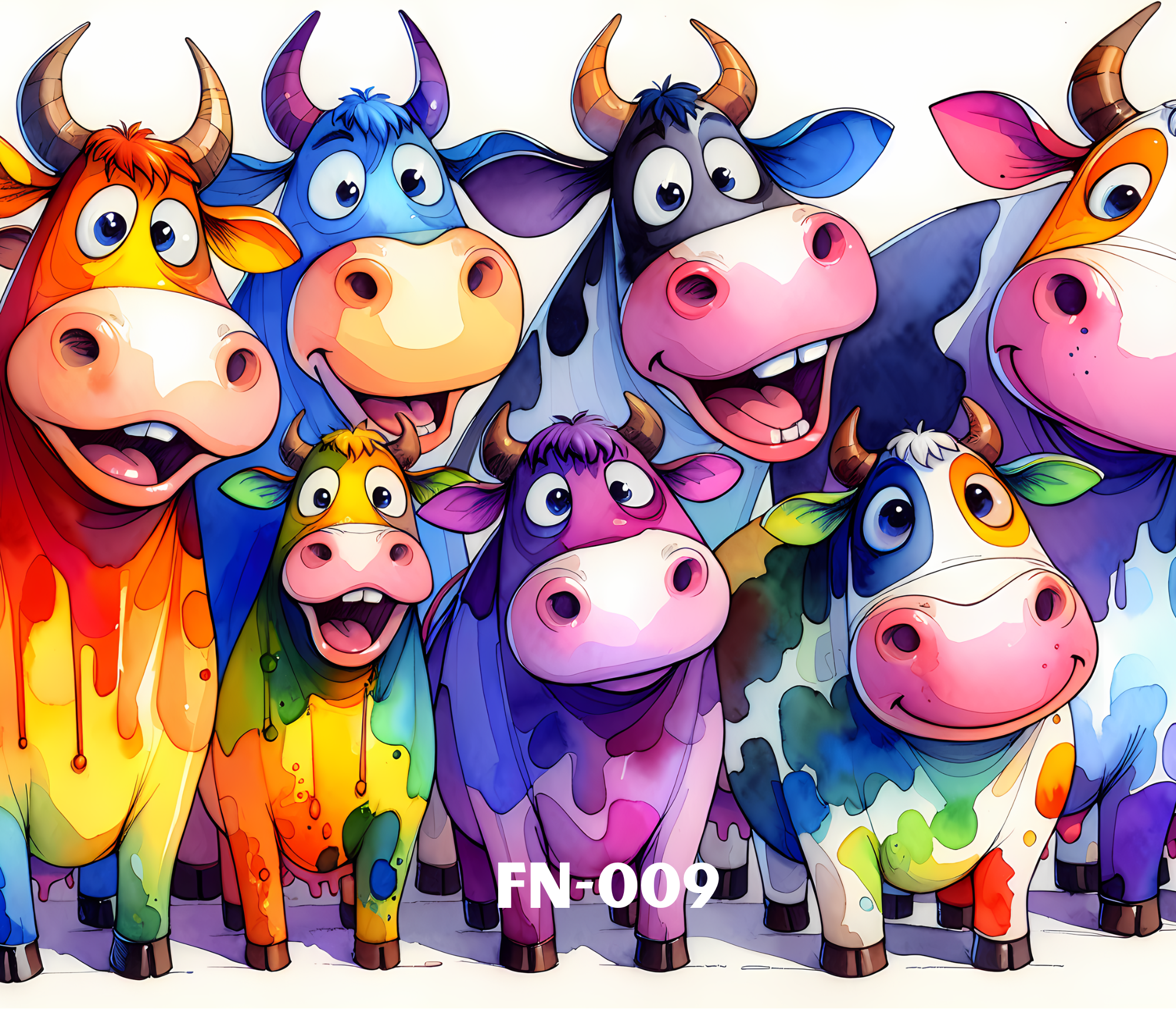 Colorful illustration of several cheerful cartoon cows with big eyes, some with horns and the others with pink ears, in a vibrant, expressive style, with a white background.